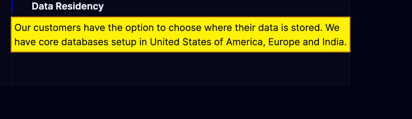 100ms's own Security page stating that customers can choose where their data is stored and that 100ms has core databases set up in the United States of America, Europe and India — with no mainland-China region listed — and that it never records audio-video streams unless the client explicitly asks