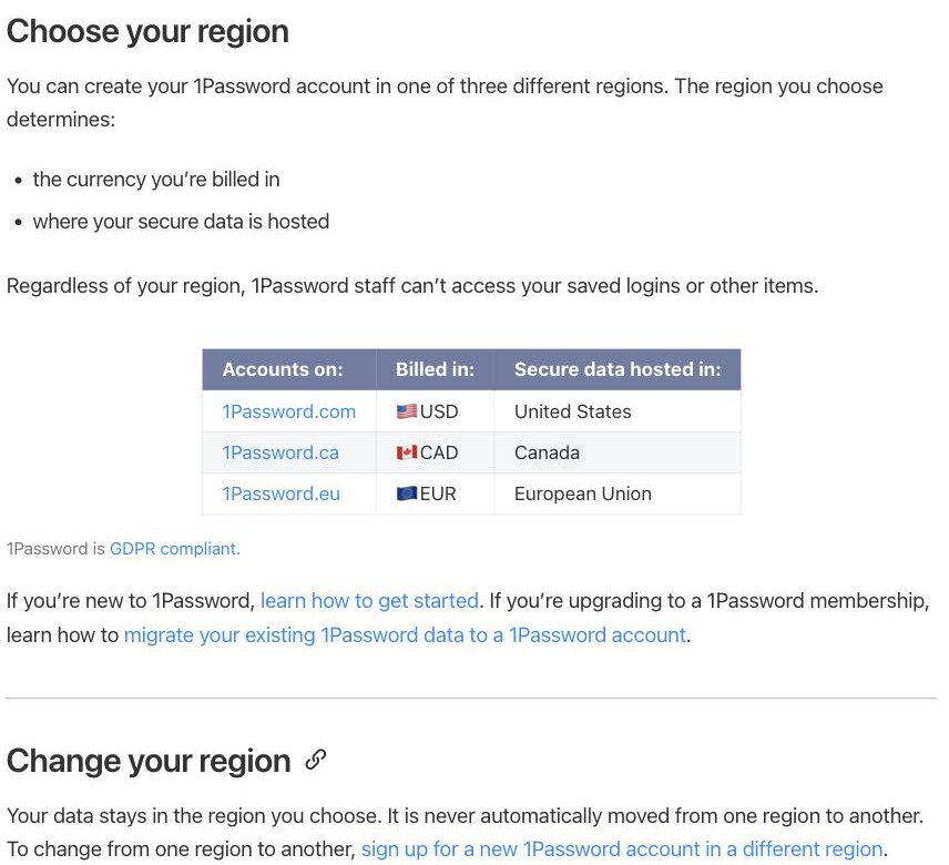 1Password's Choose your region support page showing its three hosting regions — 1Password.com in the United States, 1Password.ca in Canada, and 1Password.eu in the European Union — with no mainland-China region, and stating that your data stays in the region you choose and is never automatically moved from one region to another