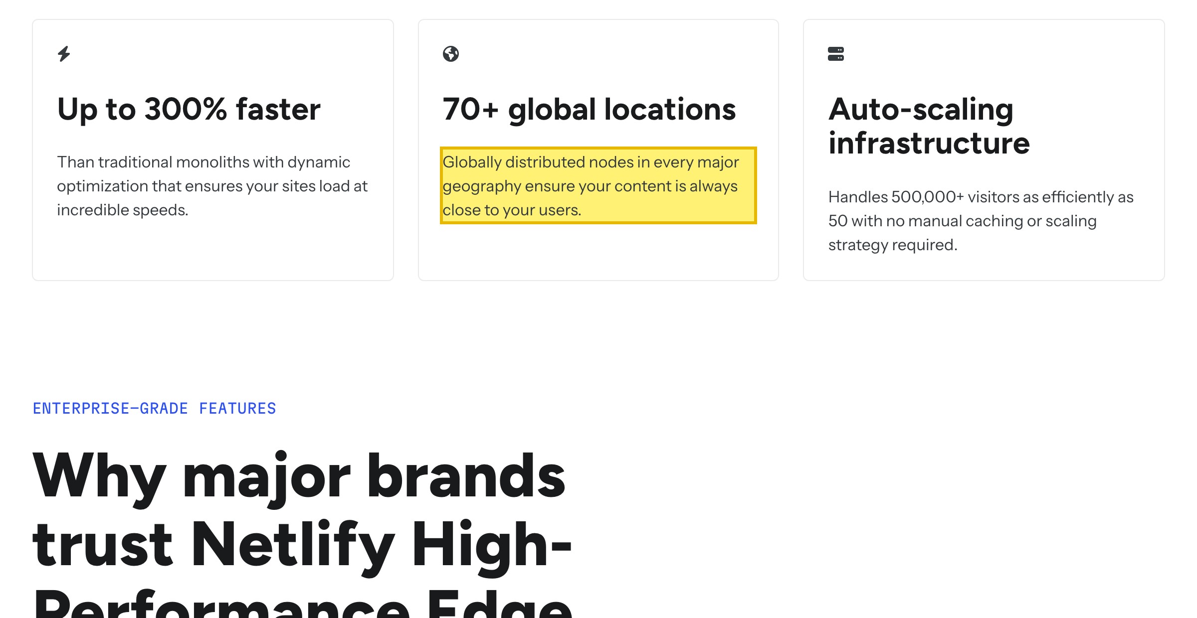 Netlify's High-Performance Edge product page describing its network as globally distributed nodes in every major geography across 70+ global Points of Presence, dynamically adjusted across the globe — a worldwide edge with no node inside mainland China