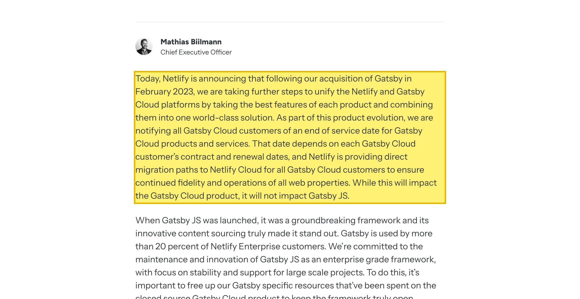 Netlifyのブログ記事『The Evolution of Gatsby Cloud』。2023年2月のGatsby買収後、すべてのGatsby Cloud顧客にサービス終了日とNetlify Cloudへの直接の移行経路が与えられ、一方オープンソースのフレームワークGatsby JSは継続すると発表
