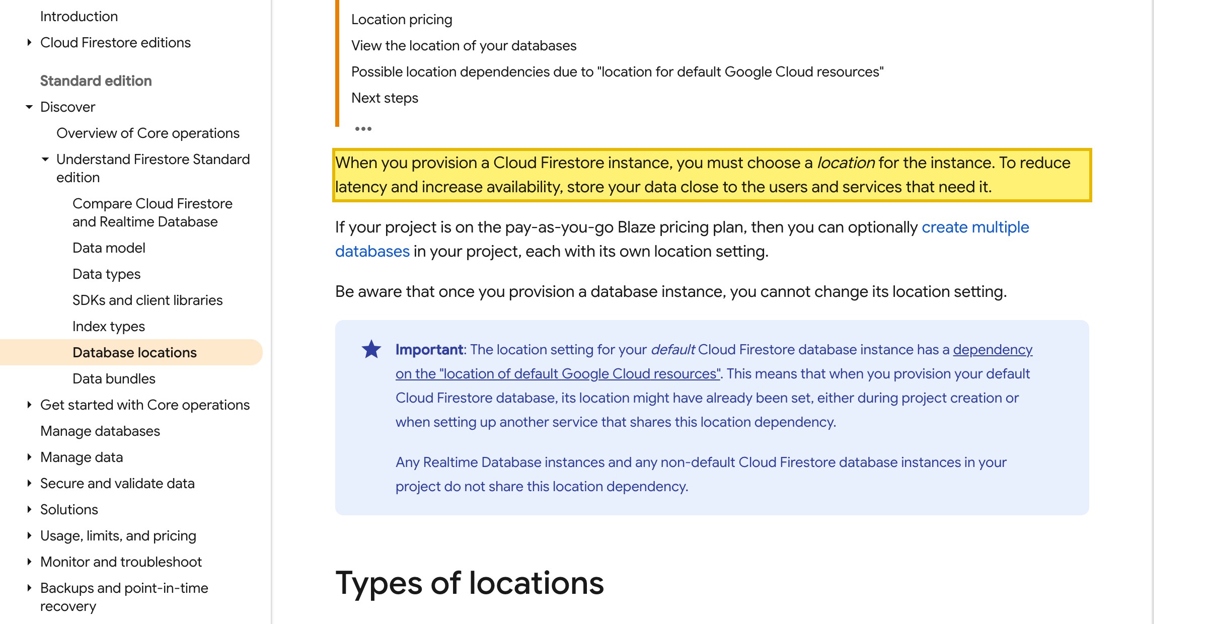 Firebase's Cloud Firestore locations documentation — the Asia location list showing asia-east1 (Taiwan) and asia-east2 (Hong Kong) as the nearest regions, with no mainland-China location