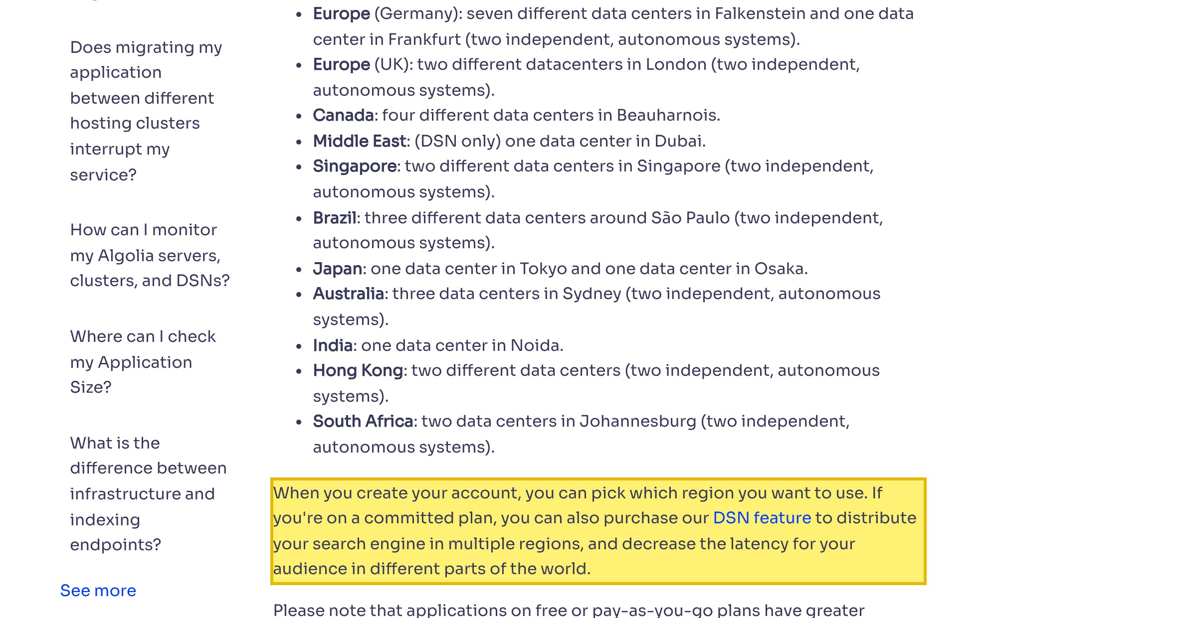 Algolia's support page listing where its classic clusters and servers are located — regions including Hong Kong, Singapore, Tokyo, Osaka, Sydney and Noida, with no mainland-China region