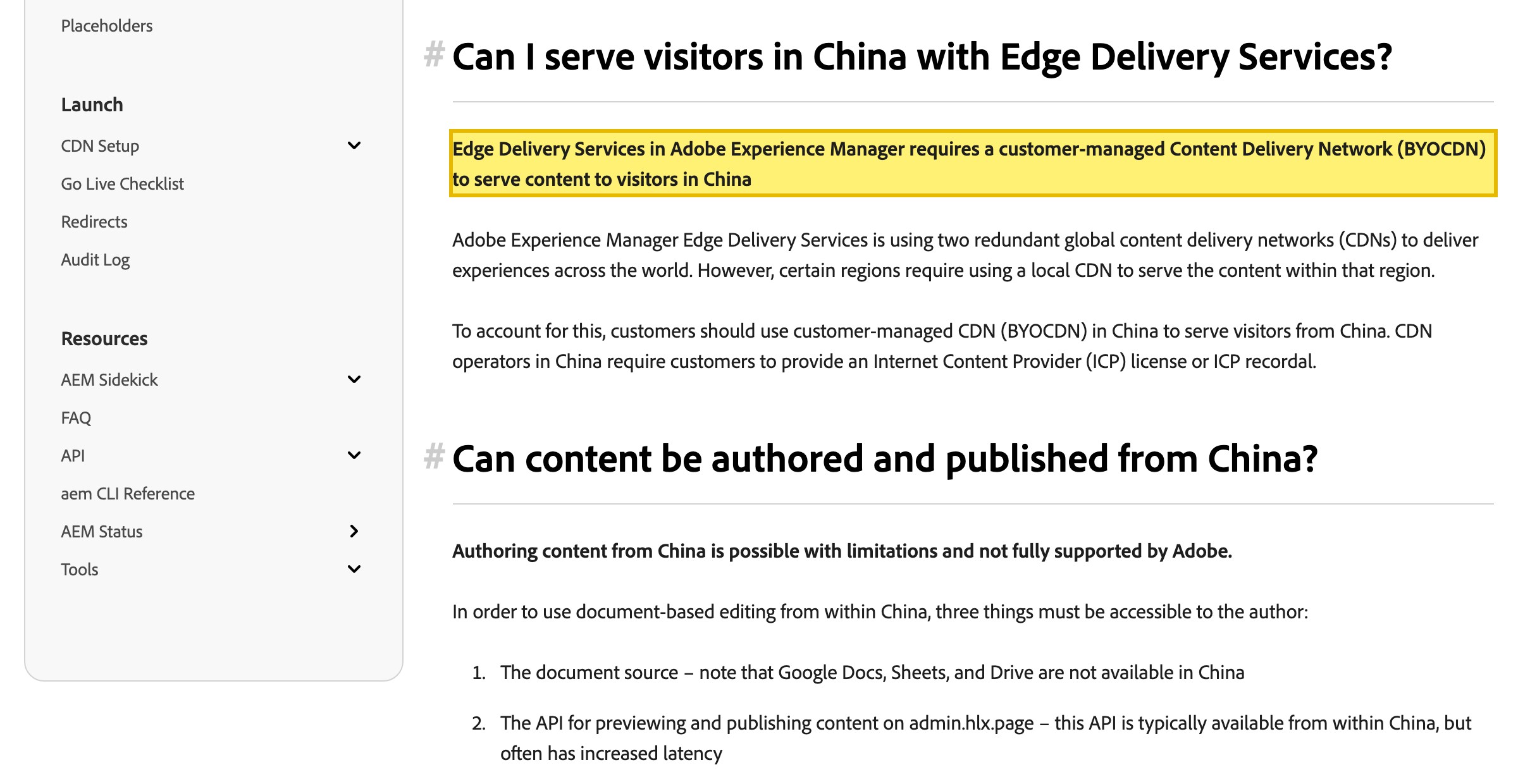 Adobeのaem.live Edge Delivery Services China FAQ。AEMが中国の訪問者に配信するには顧客管理のCDN（BYOCDN）が必要で、中国のCDN事業者は顧客にICPライセンスまたはICP備案の提示を求めると示す