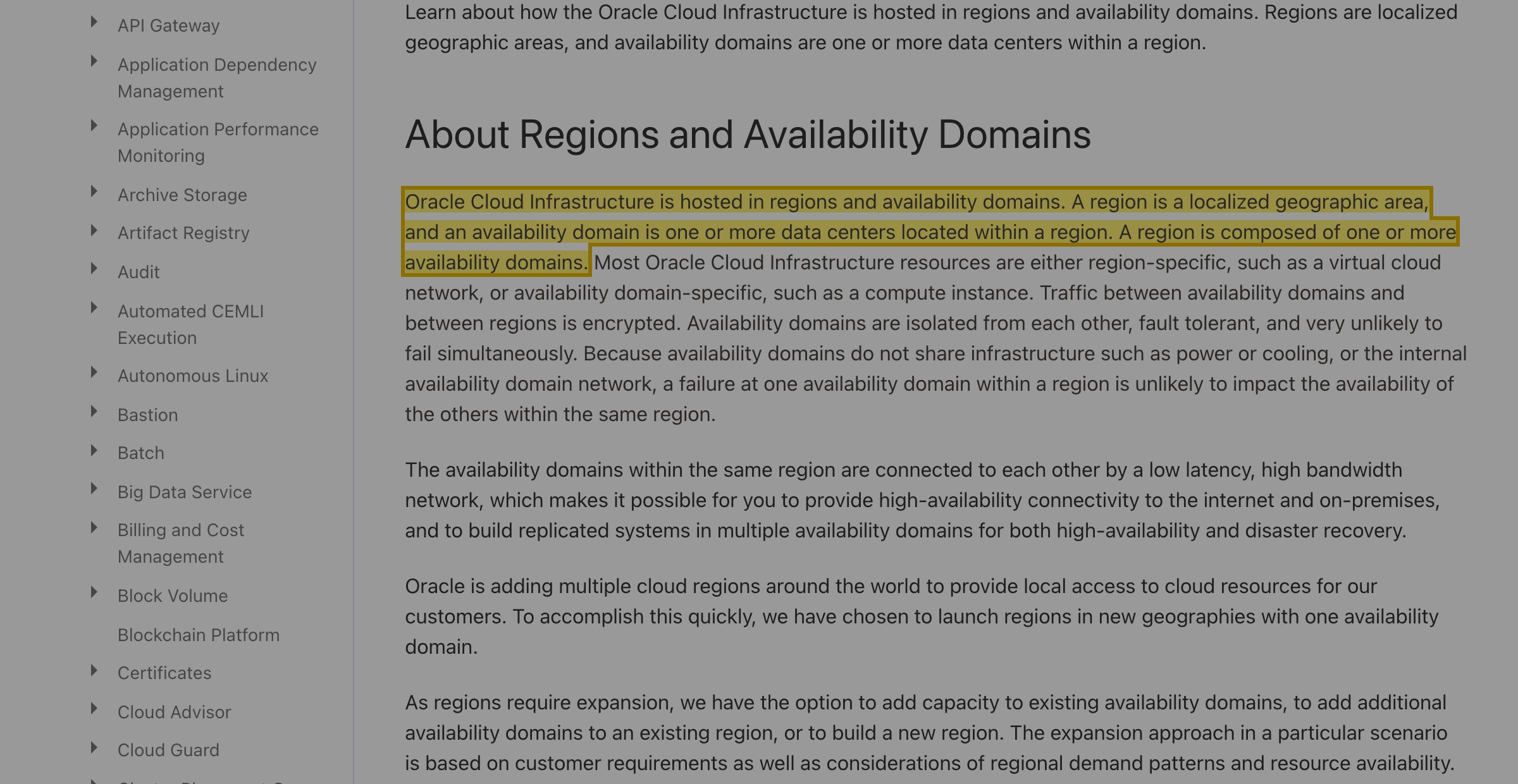 Oracle Cloud Infrastructure Regions and Availability Domains documentation listing the Asia-Pacific commercial regions — Tokyo and Osaka (Japan), Seoul and Chuncheon (South Korea), Singapore, Mumbai and Hyderabad (India), Sydney and Melbourne (Australia), Batam (Indonesia) and Kulai (Malaysia) — with no region in mainland China