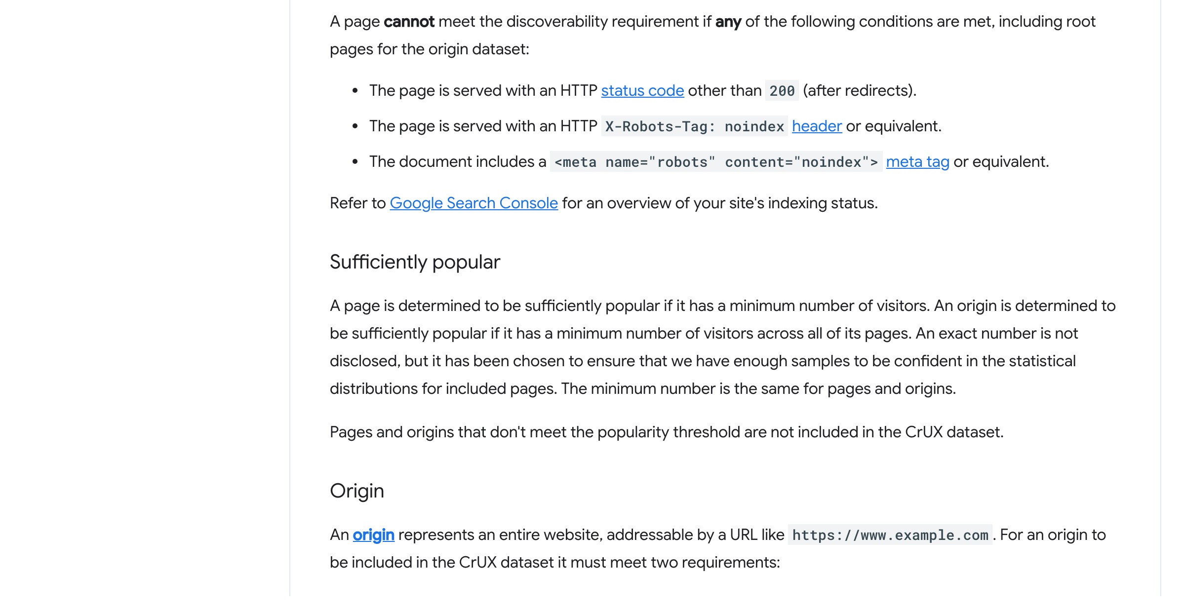 Google's Chrome User Experience Report methodology page listing the user eligibility criteria — a user's experience is aggregated into CrUX only if they sync their browser history, enable usage statistic reporting, have no Sync passphrase set, and use a supported Chrome platform