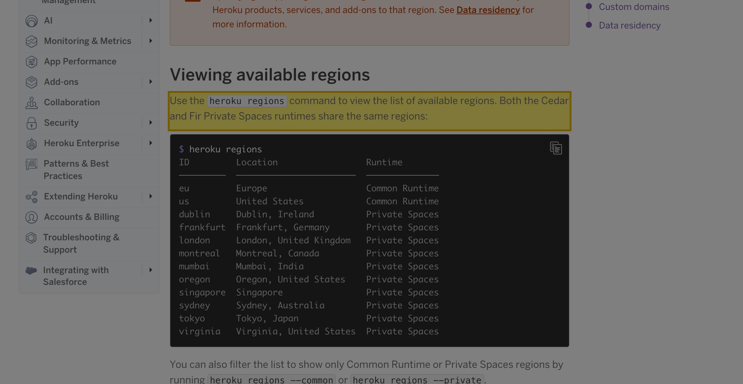Heroku Dev Center Regions page listing two Common Runtime regions — United States and Europe — and ten Private Spaces regions: Dublin, Frankfurt, London, Montreal, Mumbai, Oregon, Singapore, Sydney, Tokyo and Virginia, with no mainland-China region