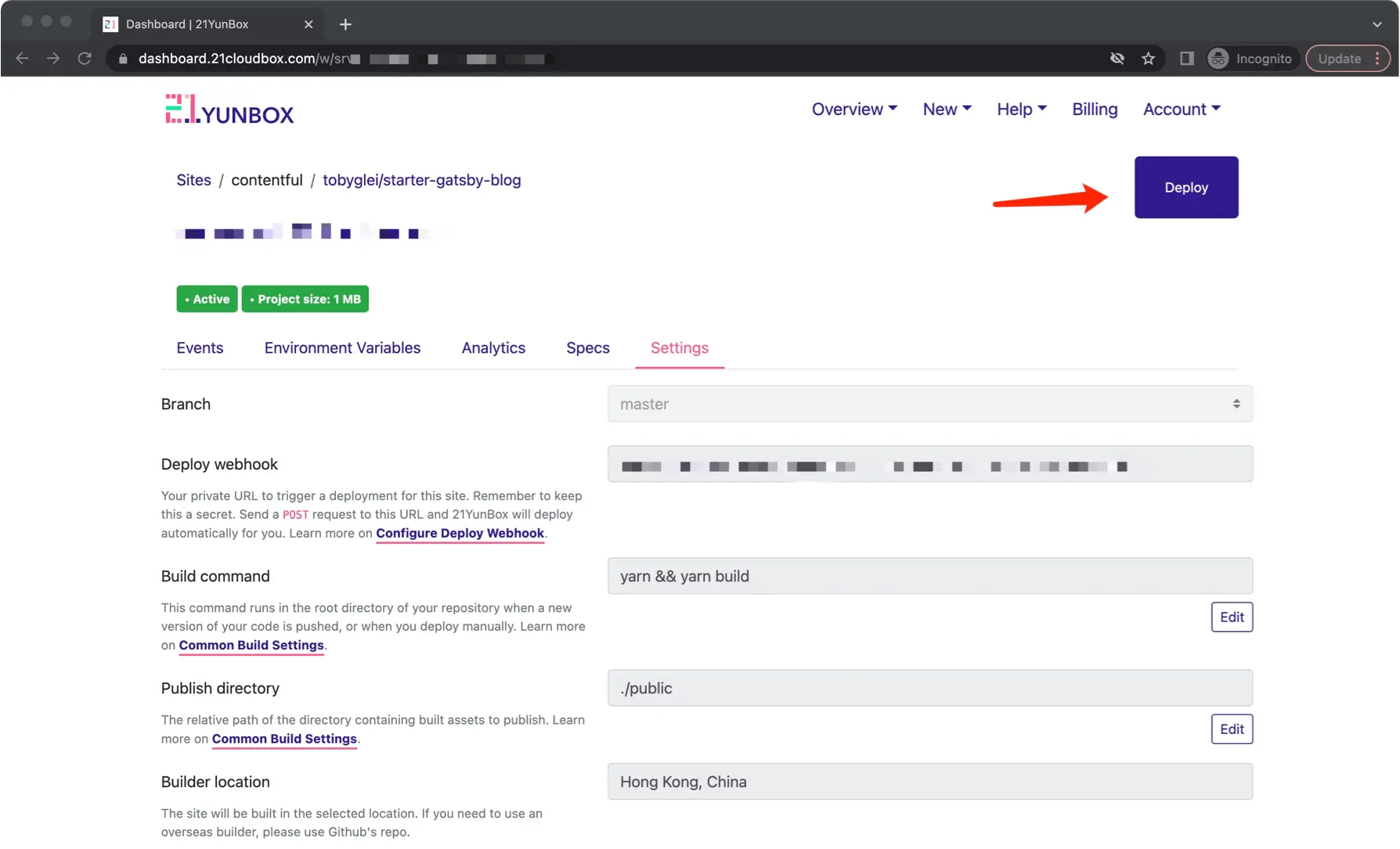 Press the purple deploy button on 21YunBox to publish new content from Airtable