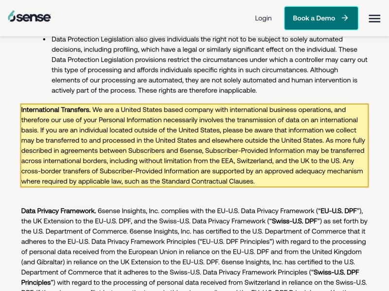 6sense's Privacy Policy, 'International Transfers' section, stating that 6sense is a United States based company and that information it collects may be transferred to and processed in the United States and elsewhere outside the United States — naming no mainland-China data region
