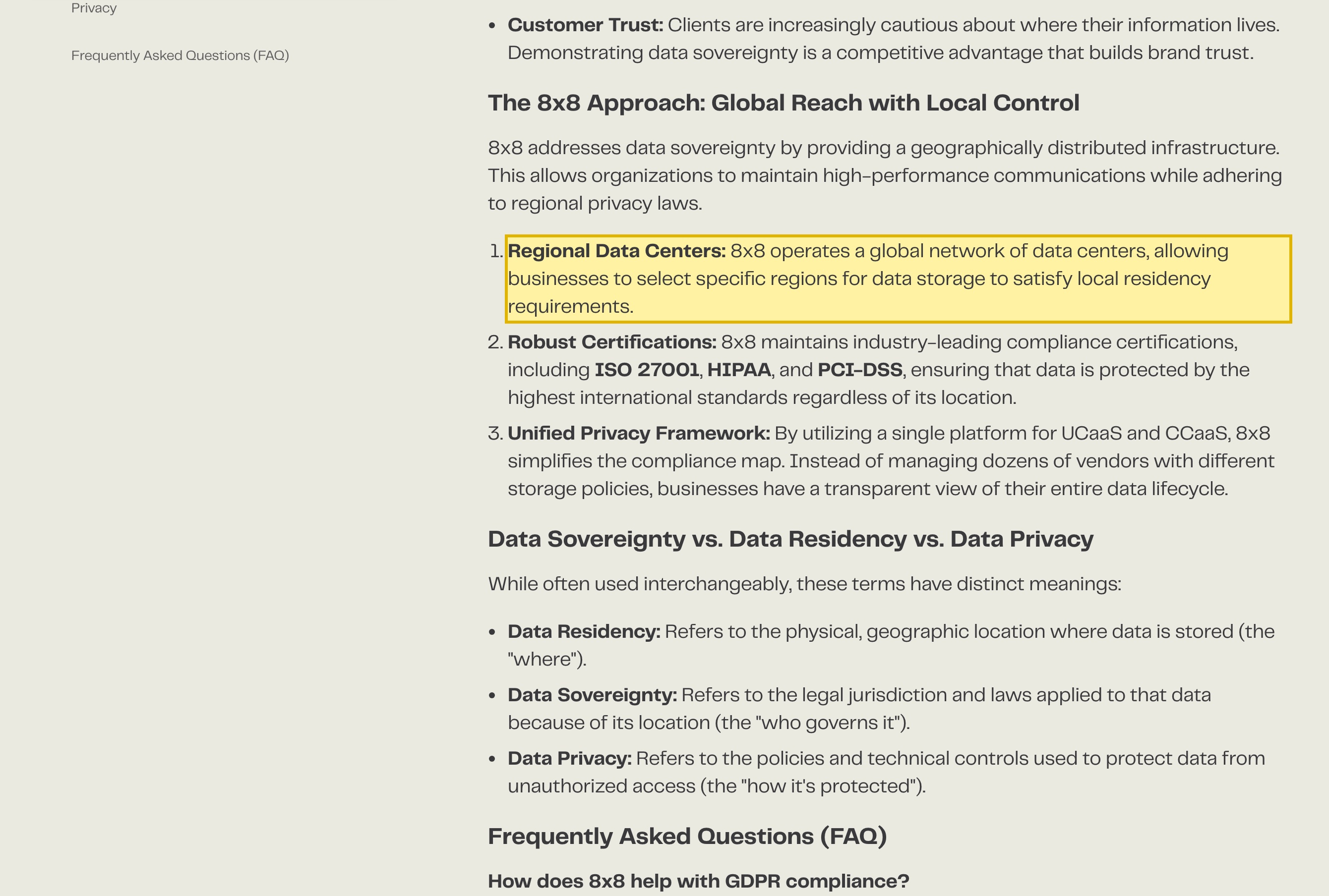 8x8's data-sovereignty page stating that 8x8 operates a global network of data centers allowing businesses to select specific regions for data storage to satisfy local residency requirements, with no mainland-China region named