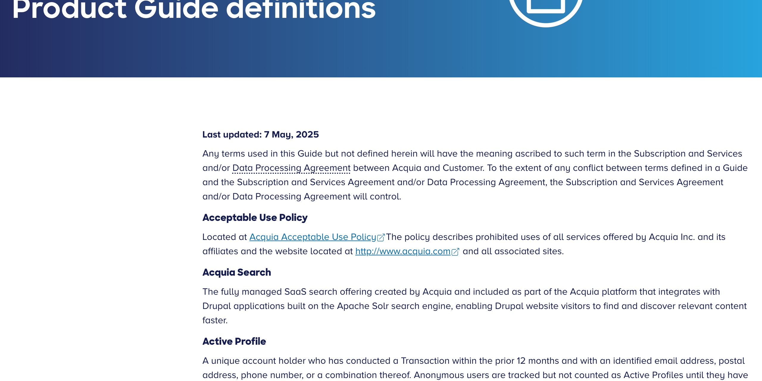 AcquiaのProducts and Servicesドキュメント。Acquia Cloudが使うAWSリージョン——US East（北バージニア）・US West（オレゴン）・EU West（ダブリン）・EU Central（フランクフルト）・APAC（シンガポール、シドニー）・南米（サンパウロ）——を列挙し、中国本土には一つもない