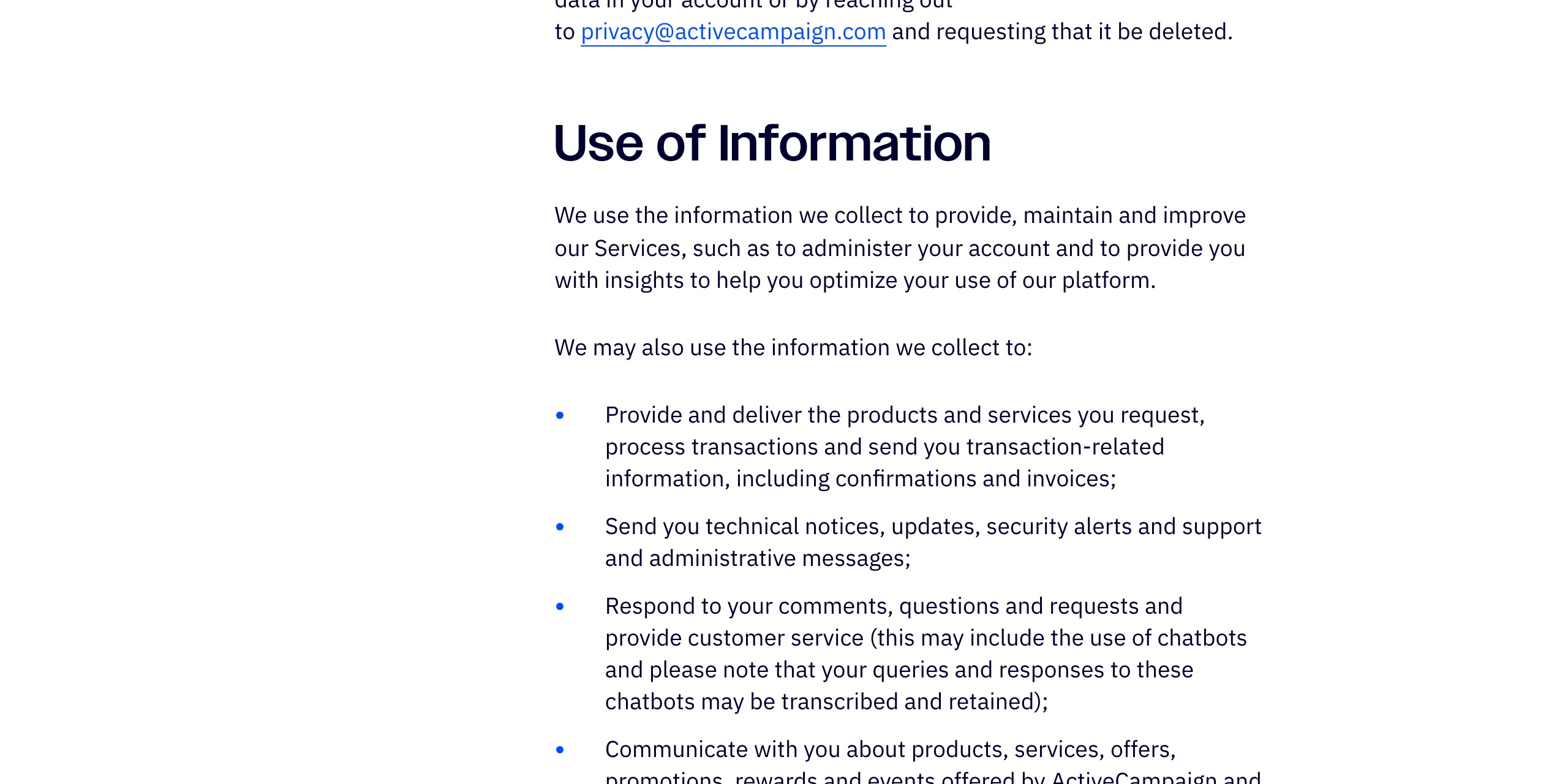 ActiveCampaignのプライバシーポリシー。情報が米国・オーストラリア・アイルランド・ブラジル・コスタリカのActiveCampaignの拠点へ移転されうると記載され、中国本土の所在はない
