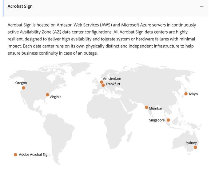 Adobe's Document Cloud hosting-locations page listing Adobe Acrobat Sign data centers in North America, Europe (EMEA) and Asia-Pacific (Tokyo, Mumbai, Singapore and Sydney), hosted on AWS and Microsoft Azure, with no mainland-China location