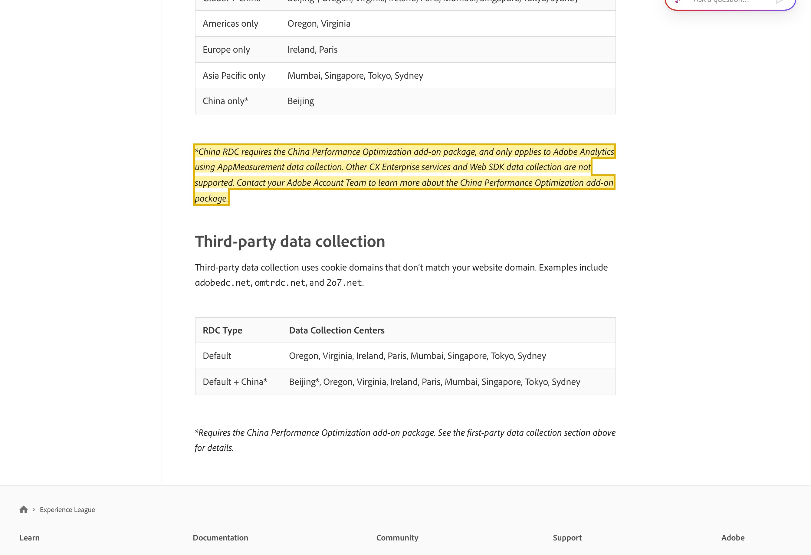 Adobe Experience League 'Regional Data Collection' documentation showing the RDC routing options — 'Global + China' and 'China only' — with 'Beijing' listed as a data collection center, and the footnote stating that China RDC requires the China Performance Optimization add-on package, applies only to Adobe Analytics using AppMeasurement data collection, and does not support Web SDK or other CX Enterprise services