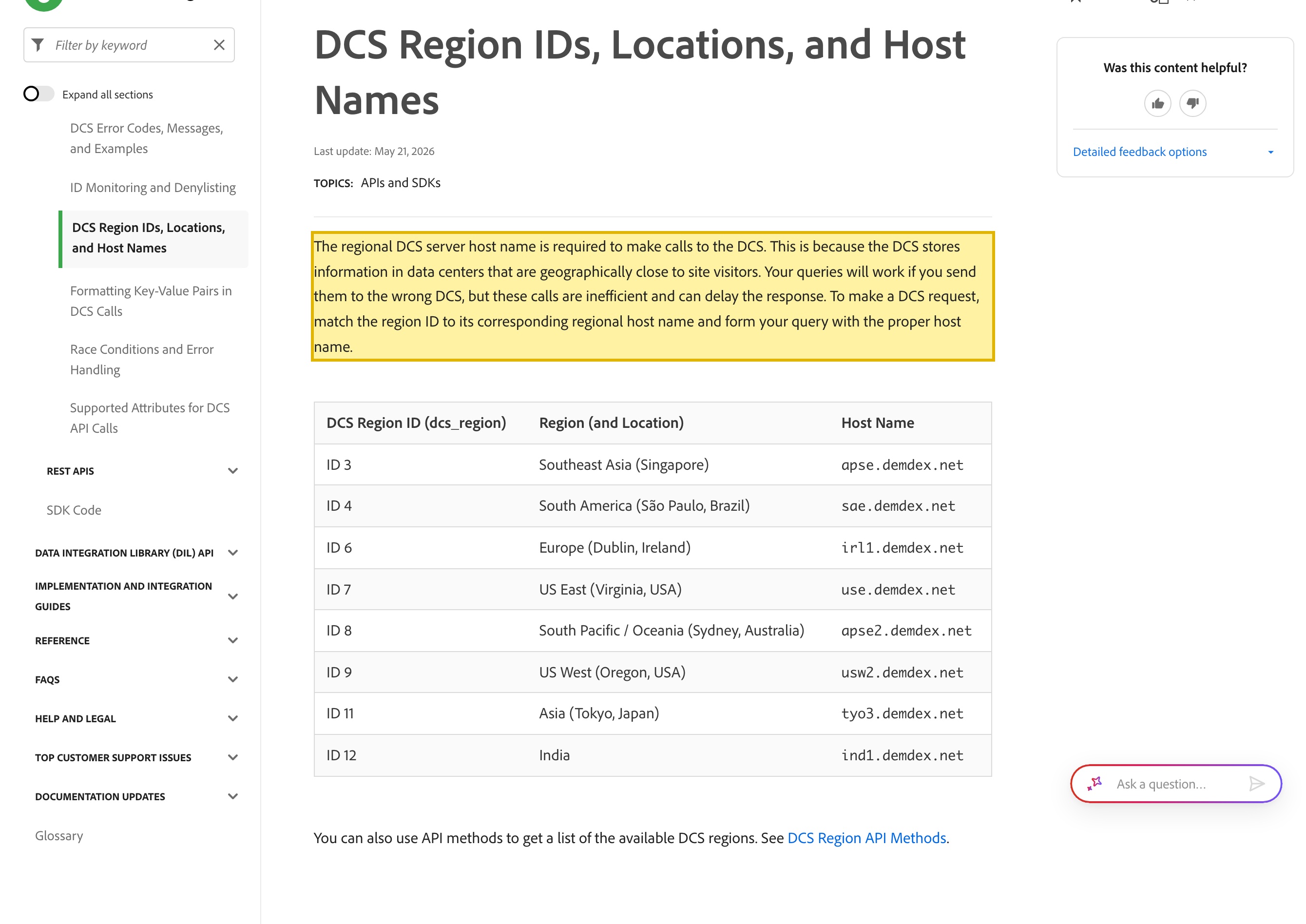 Adobe Experience League page 'DCS Region IDs, Locations, and Host Names' for Adobe Audience Manager, listing eight Data Collection Server regions — Singapore, São Paulo, Dublin, Virginia, Sydney, Oregon, Tokyo and India — on demdex.net host names, with none in mainland China