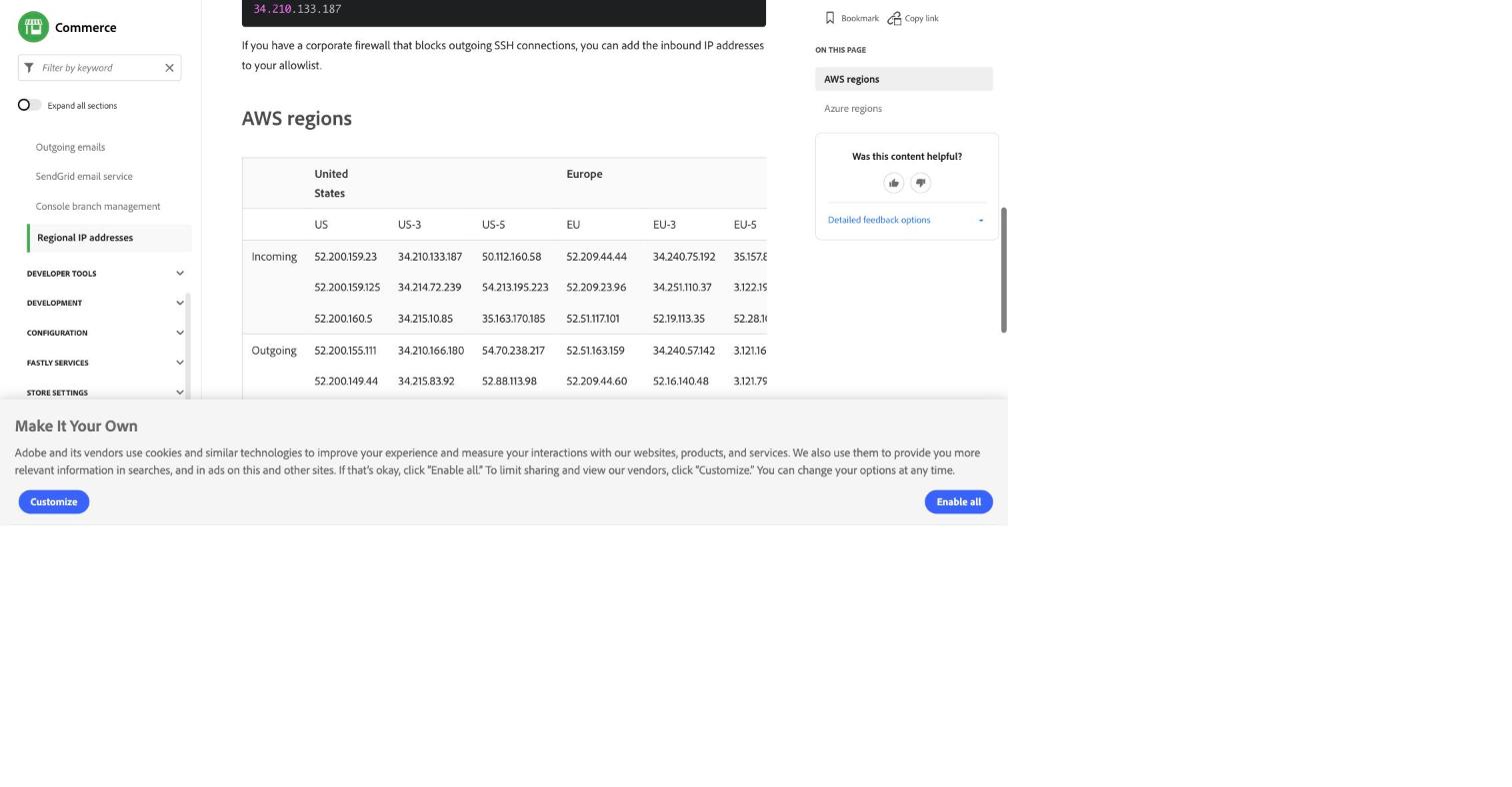 Adobe Commerce on cloud infrastructure の Regional IP addresses ドキュメント。AWSリージョン US-3, US-5, EU, EU-3, EU-5, EU-6, AP-3 と Azureリージョン US-A1, AZ-WESTEUROPE-1 を挙げ、中国本土のリージョンはない