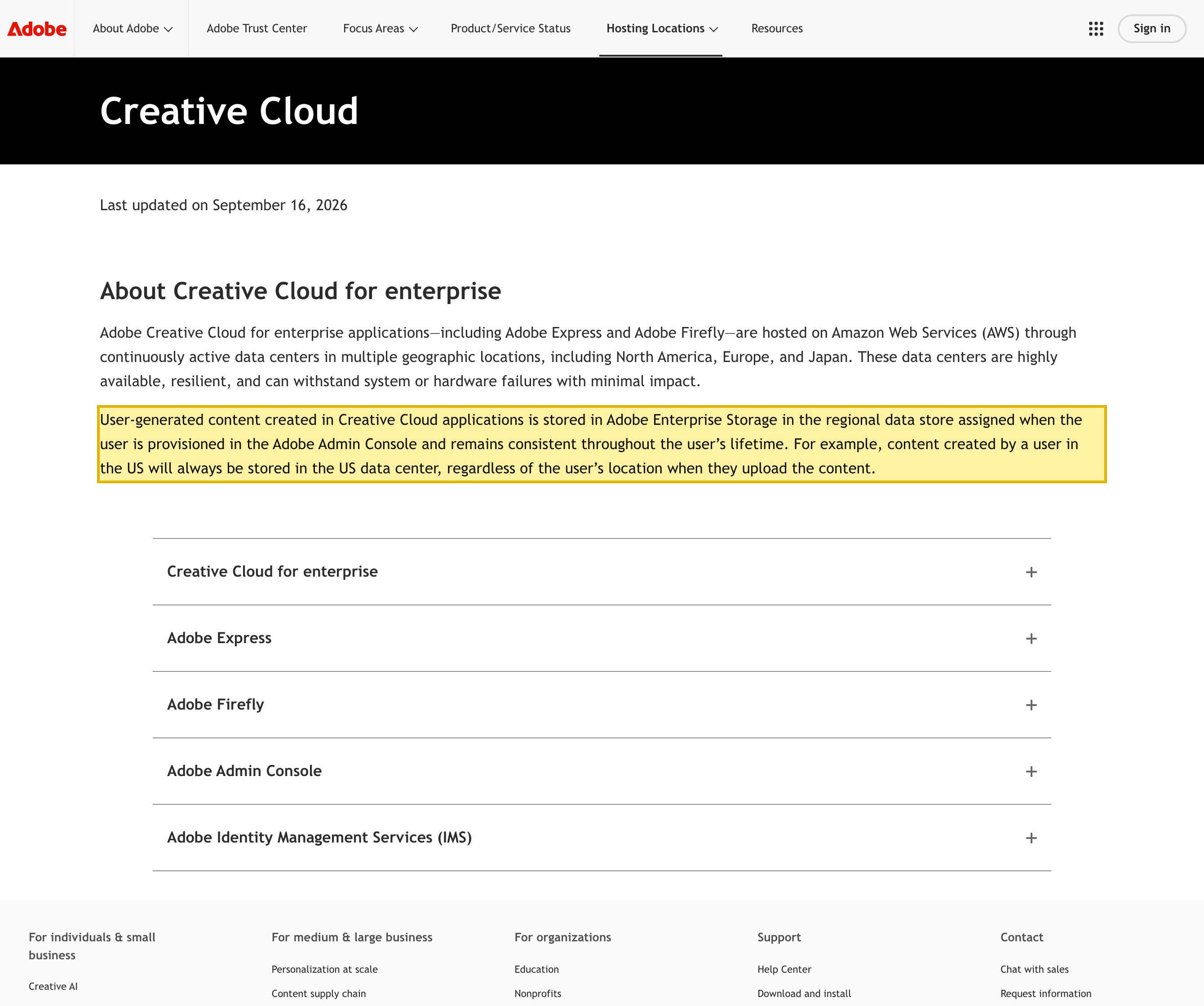 Adobe's own Creative Cloud Trust Center page stating that user-generated content created in Creative Cloud applications is stored in Adobe Enterprise Storage in a regional data store on AWS in North America, Europe or Japan — with no mainland-China region