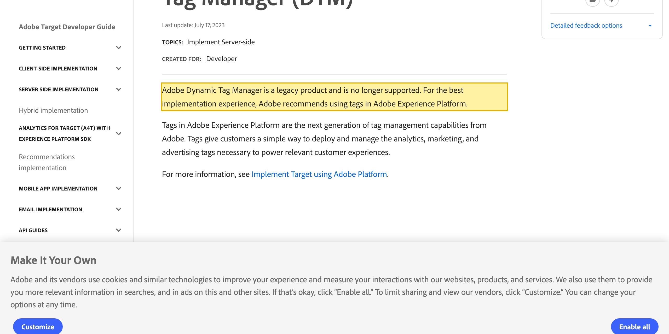 Adobe Experience League documentation note stating that Adobe Dynamic Tag Manager is a legacy product and is no longer supported, recommending tags in Adobe Experience Platform instead