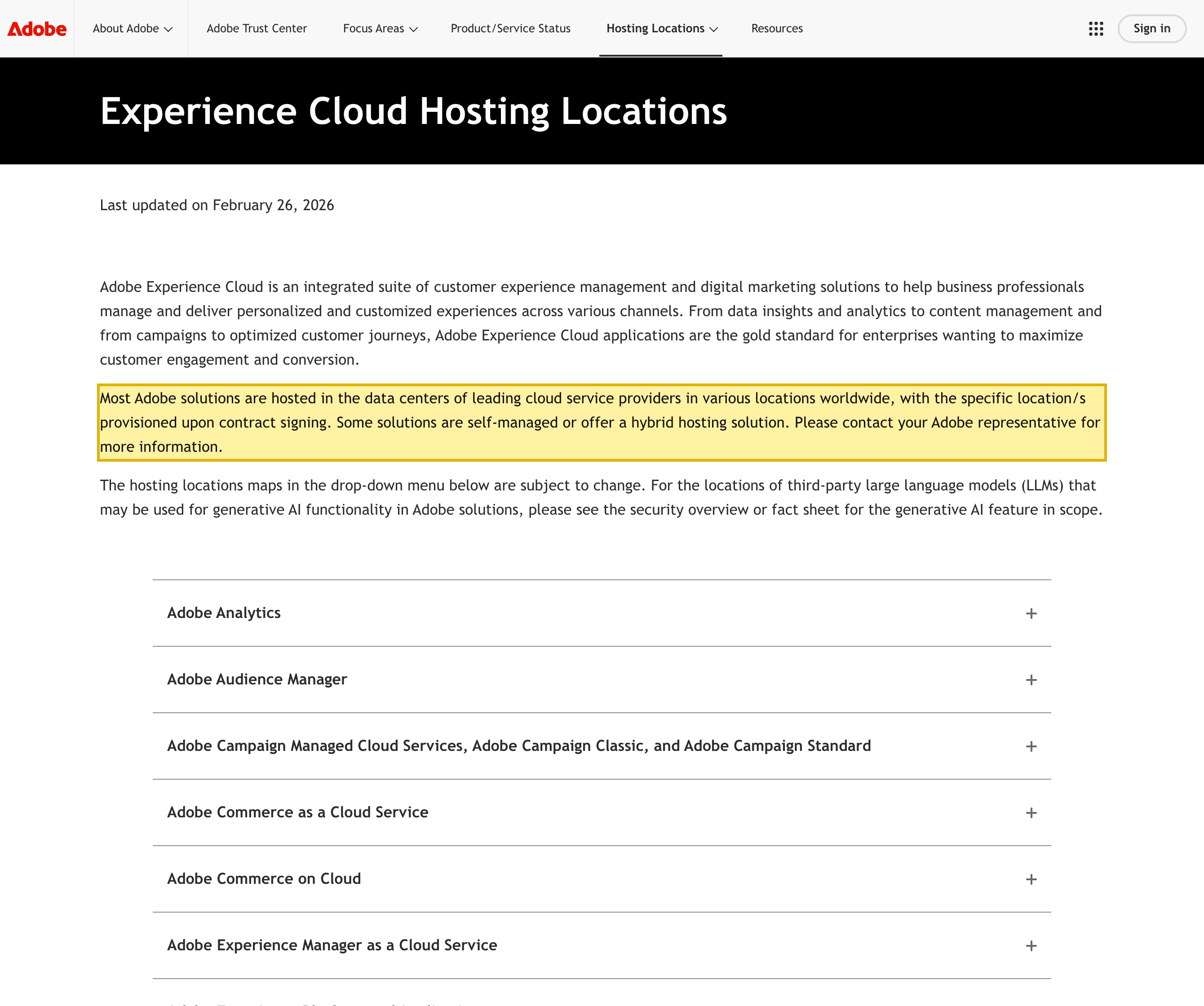 Adobe's Experience Cloud Hosting Locations trust page, stating that most Adobe solutions are hosted in third-party cloud providers' data centers in various locations worldwide, with the specific location provisioned upon contract signing, and with no standard mainland-China hosting region listed for the suite.