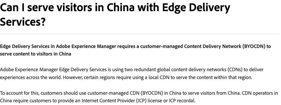 Adobe's AEM 'China FAQ' page on aem.live, 'Can I serve visitors in China with Edge Delivery Services?' section, stating that customers should use a customer-managed CDN (BYOCDN) in China to serve visitors from China, and that CDN operators in China require customers to provide an Internet Content Provider (ICP) license or ICP recordal