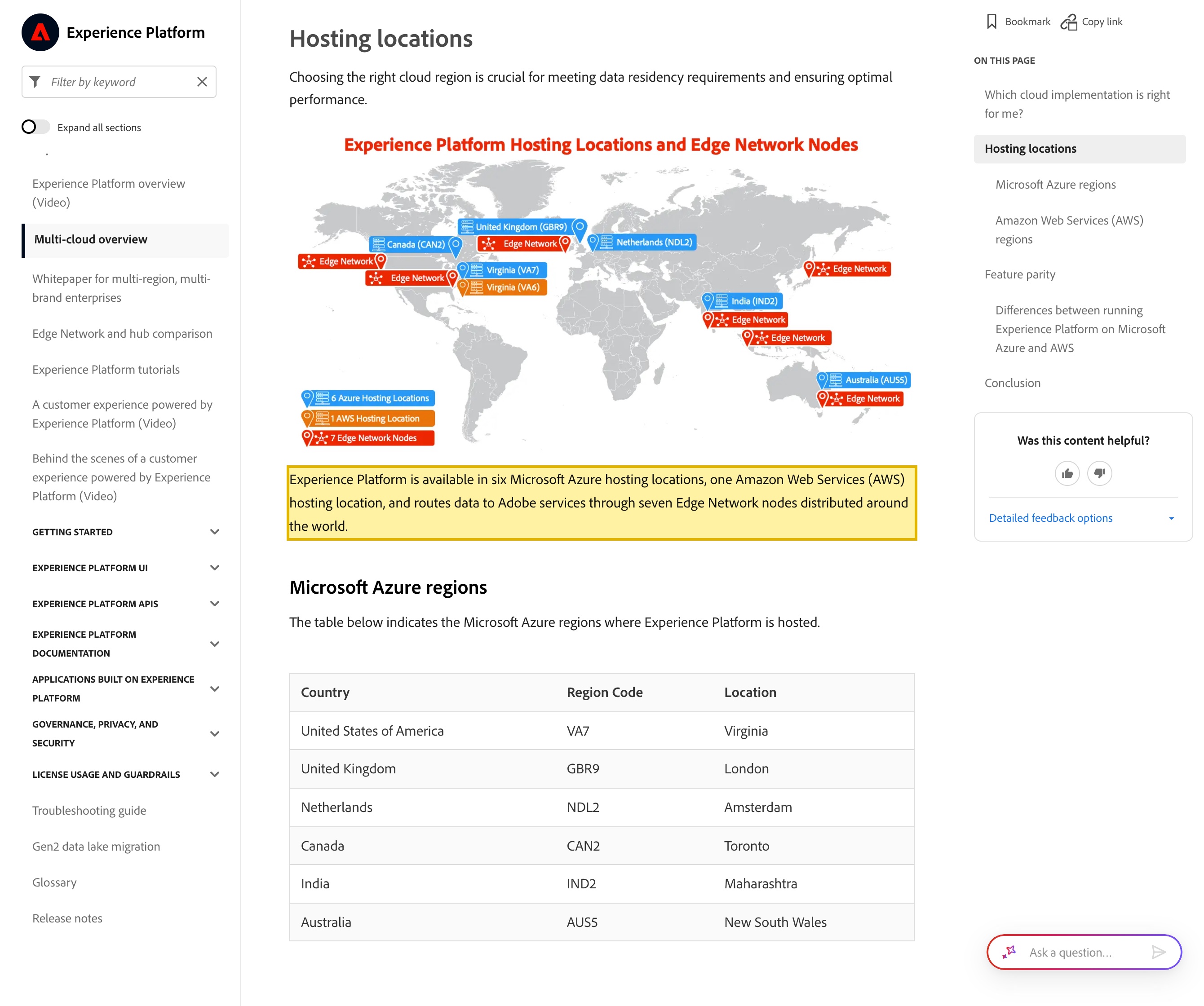 Adobe's Experience Platform multi-cloud hosting-locations documentation, listing its seven hosting regions — Virginia, London, Amsterdam, Toronto, Maharashtra and New South Wales on Microsoft Azure, plus Virginia on AWS — with no mainland-China region.