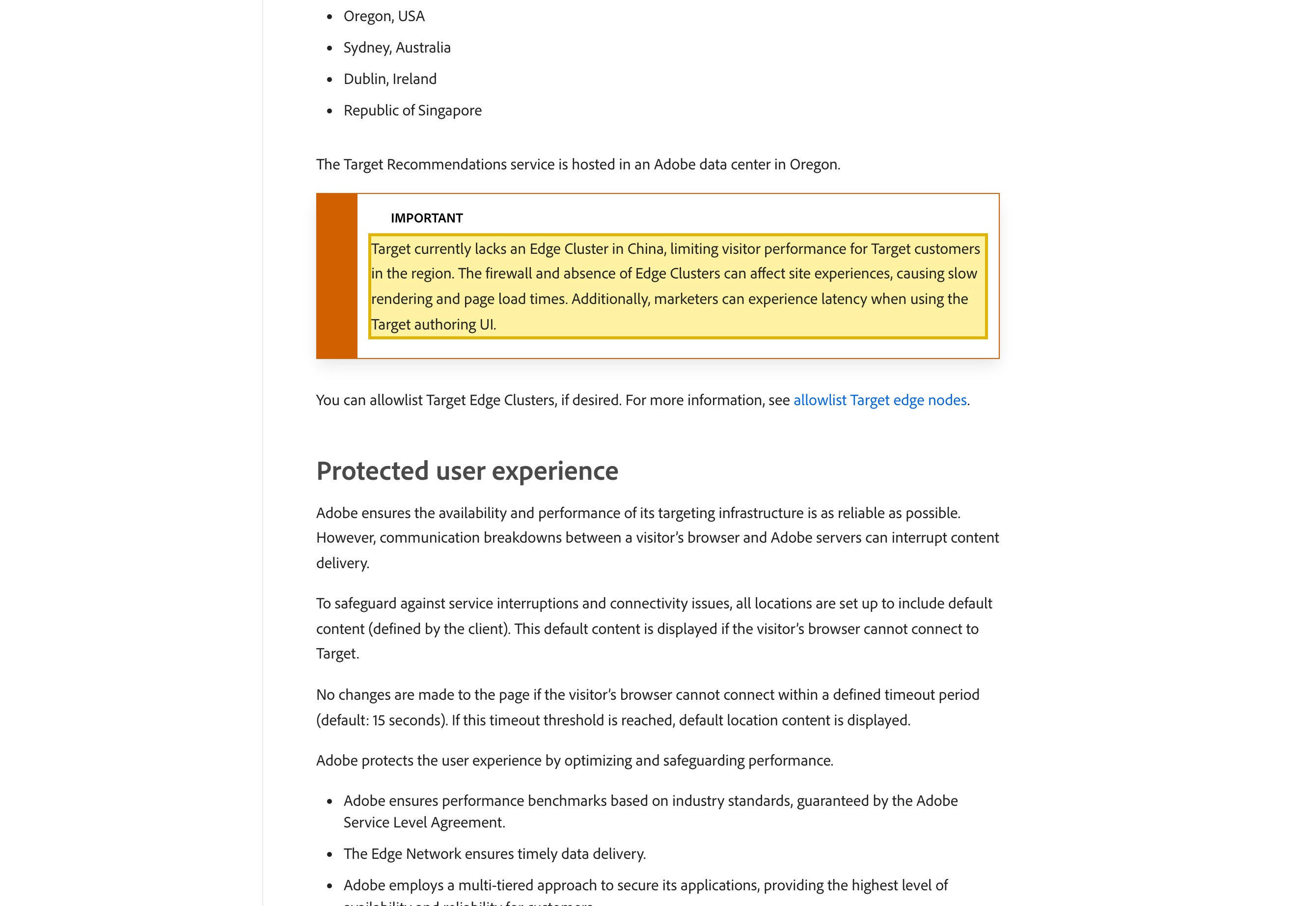 Adobe Experience League 'How Adobe Target works' page, 'The edge network' section, stating that customer site activity data is collected by the nearest of seven Edge Clusters and then directed to a pre-determined Central Cluster destination of Oregon, Dublin, or Singapore for processing, with an Important note that Target currently lacks an Edge Cluster in China