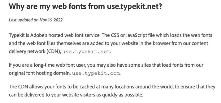 『Why are my web fonts from use.typekit.net?』と題されたAdobe FontsのヘルプセンターのページCSSまたはJavaScriptファイルとWebフォントファイルが、Adobeのコンテンツデリバリネットワークuse.typekit.netからブラウザ内でWebサイトに追加され、世界中の多くの拠点でキャッシュされると述べている——中国本土の拠点はない