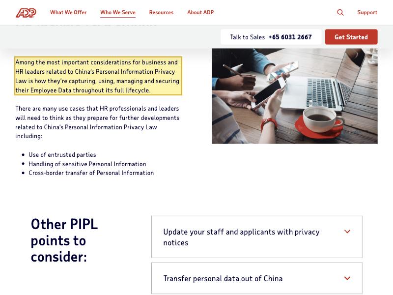ADP's own page 'What is China's Personal Information Protection Law (PIPL) and how does it impact payroll and HR?', under the heading 'What responsibilities do HR leaders face around PIPL?', describing how HR captures, uses, manages and secures employee data and listing 'Handling of sensitive Personal Information' and 'Cross-border transfer of Personal Information' as key PIPL use cases