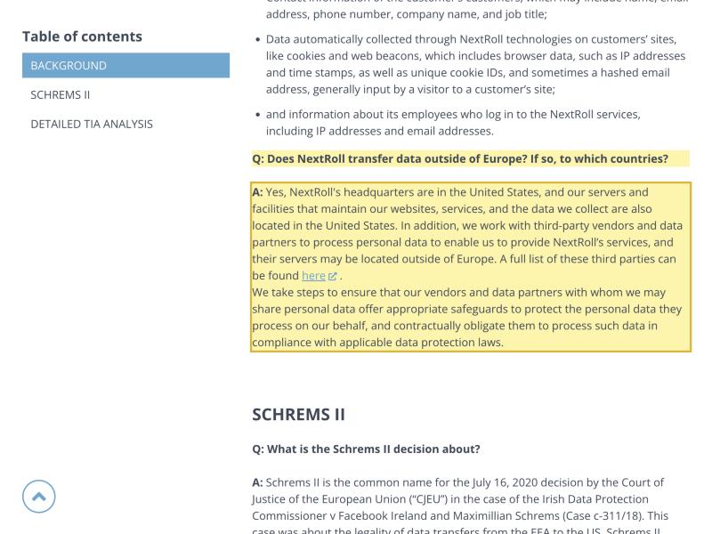 AdRoll Help Center article 'NextRoll FAQs: International Data Transfers' stating that NextRoll's headquarters are in the United States and that the servers and facilities maintaining its websites, services and the data it collects are also located in the United States — naming no mainland-China region