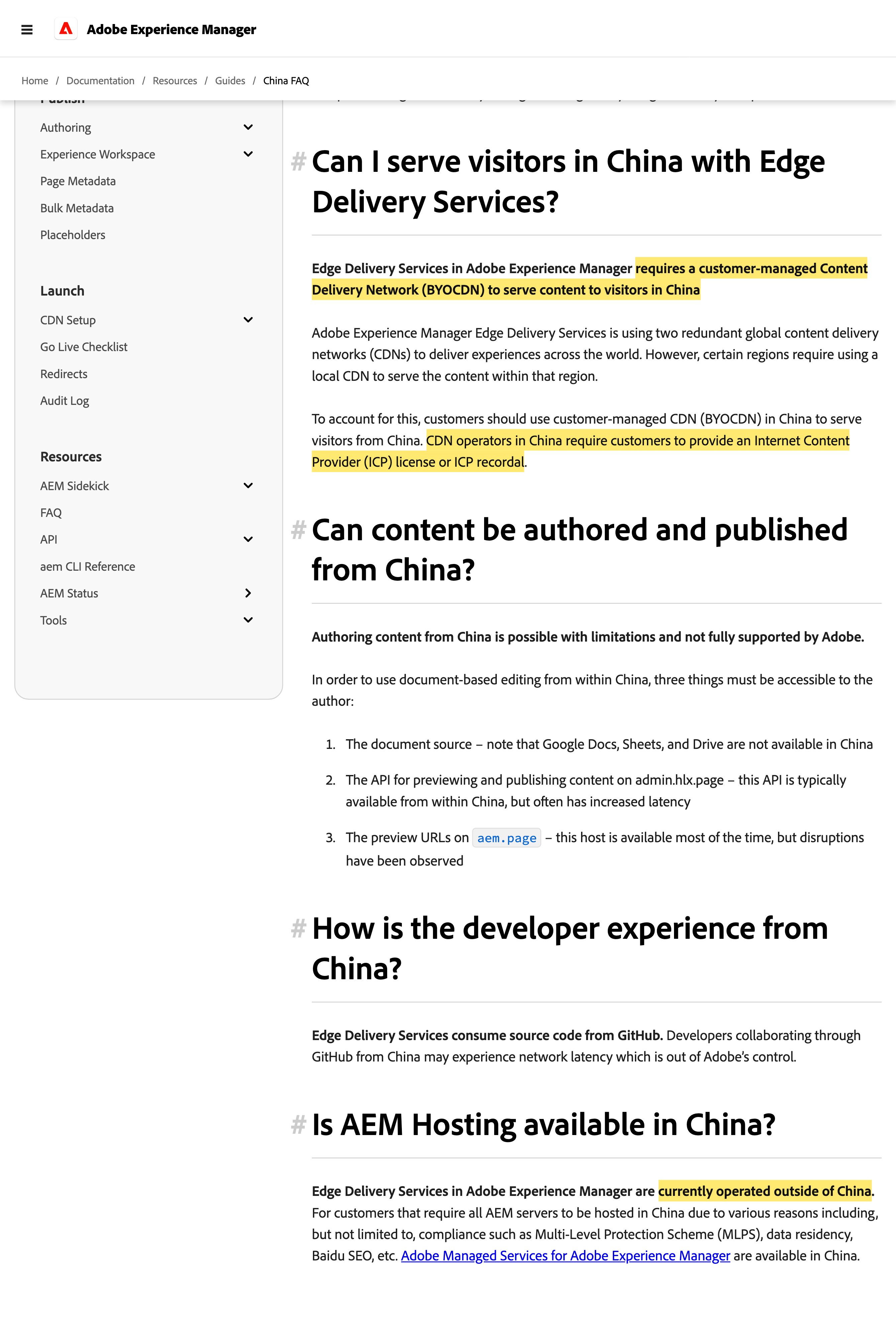 Adobeのaem.live Edge Delivery Servicesの中国FAQ。AEMが中国の訪問者にコンテンツを提供するには顧客管理のCDN（BYOCDN）が必要であること、そして中国のCDN事業者がICPライセンスまたはICP備案を求めることを述べている