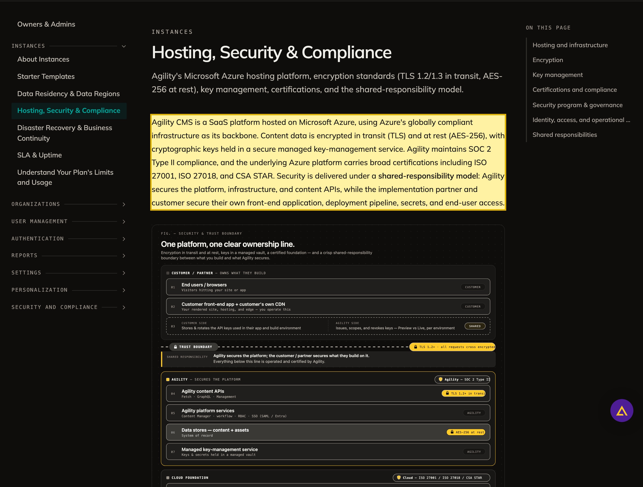 Agility CMS Hosting, Security & Compliance documentation stating Agility CMS is a SaaS platform hosted on Microsoft Azure and that instances are provisioned into one of five regions, with no mainland-China region