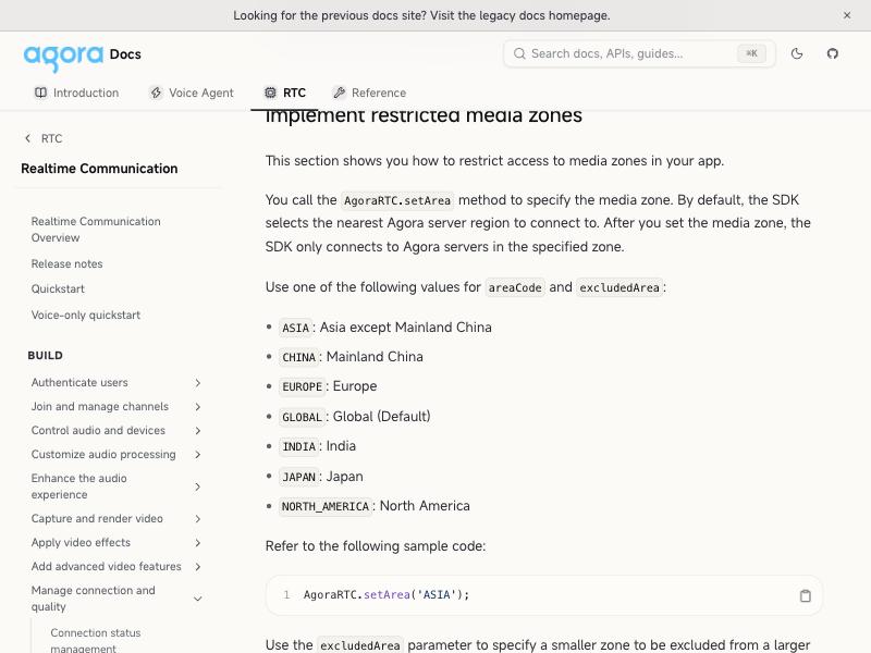 Agora developer documentation page 'Restrict media zones' listing the media-zone values for AgoraRTC.setArea, with 'CHINA: Mainland China' among them alongside Asia, Europe, India, Japan, North America, and Global
