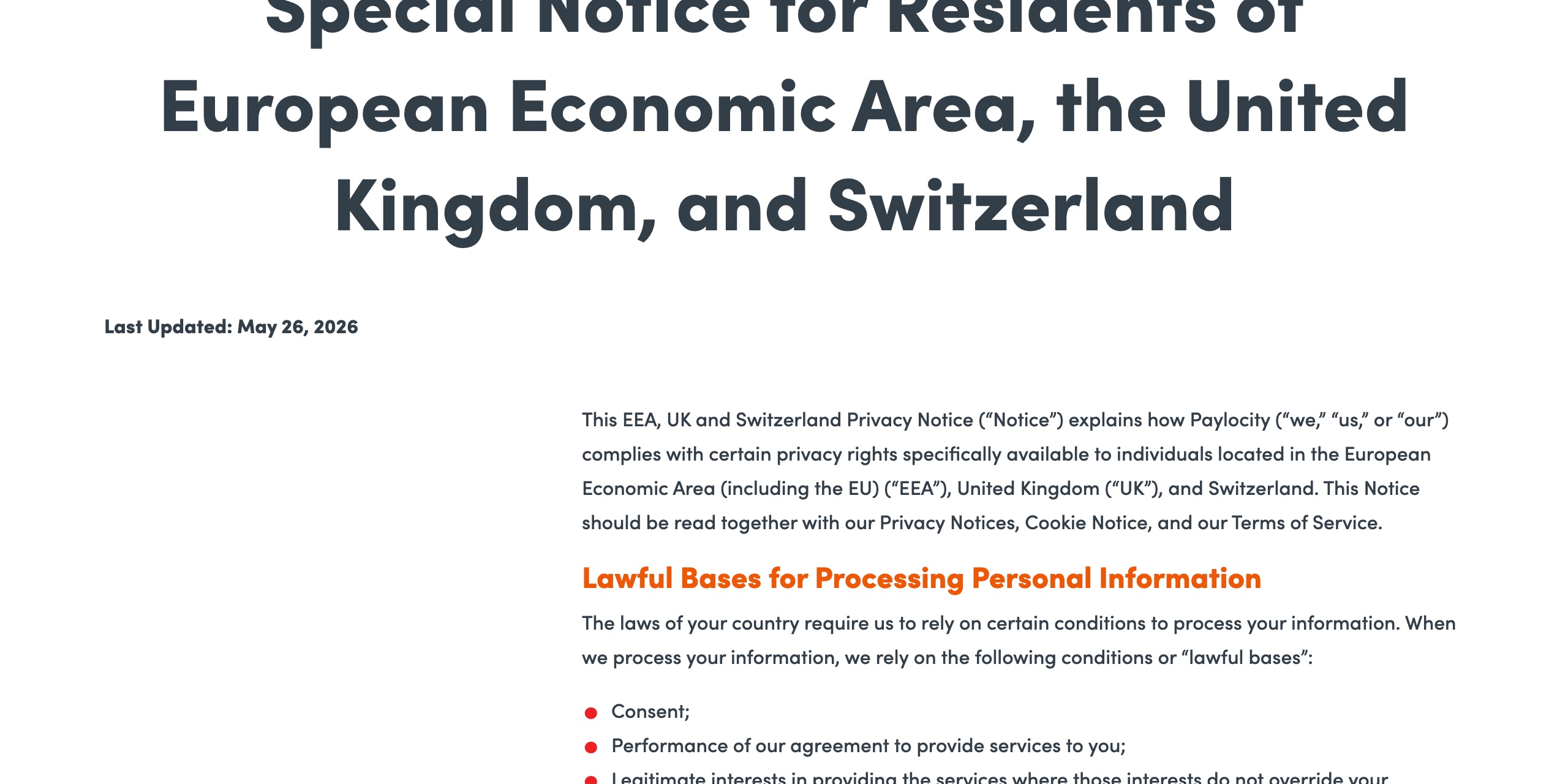 Paylocity privacy notice International Transfer section stating Paylocity is an organization established in the United States of America and that personal information of individuals outside the US is transferred to, stored, and processed in the USA, with Airbase Inc. named among the certified entities