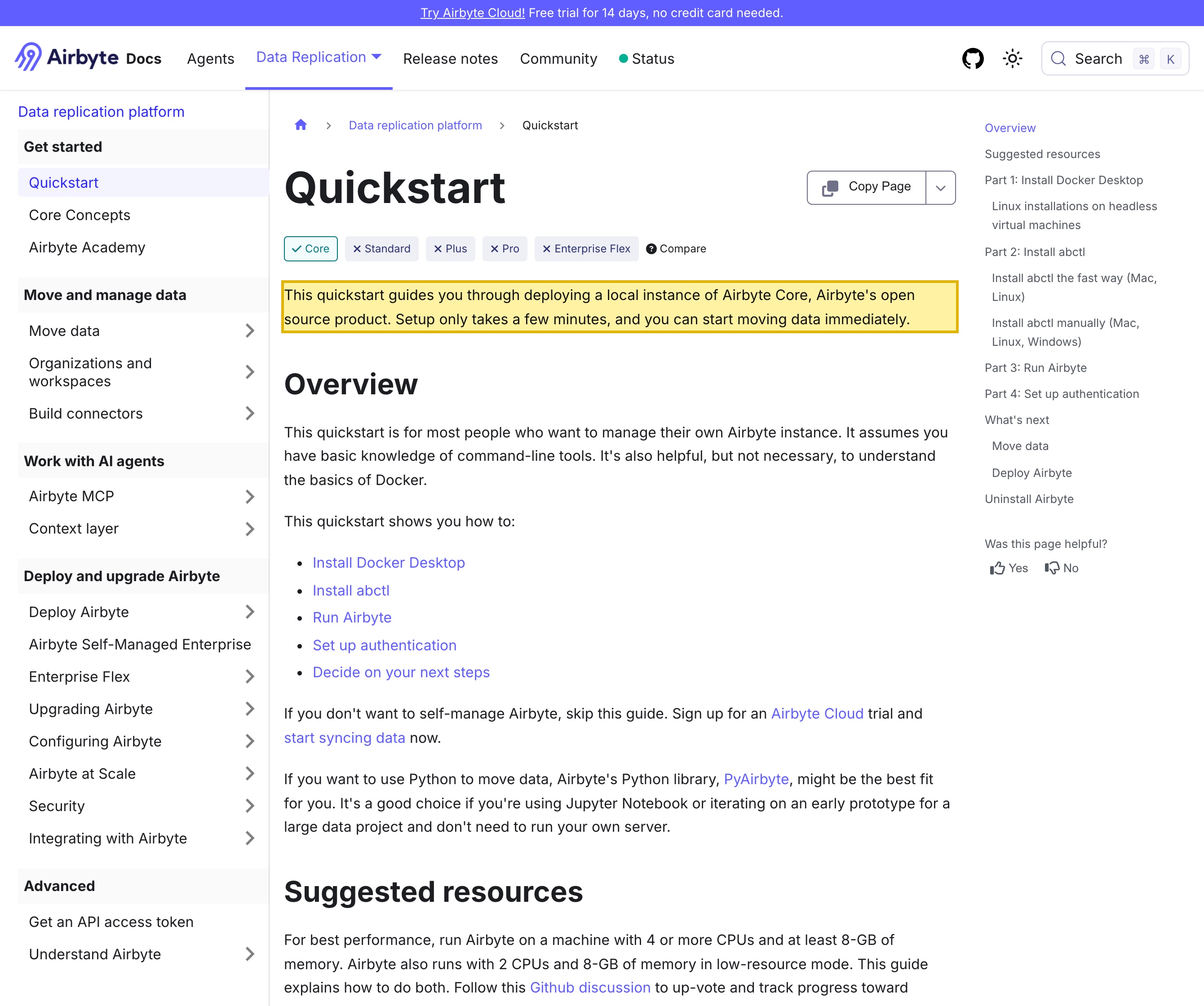Airbyte's own documentation, the OSS Quickstart page on docs.airbyte.com, describing Airbyte Core as Airbyte's open source product and walking the reader through deploying a local, self-hosted instance of Airbyte on their own infrastructure.