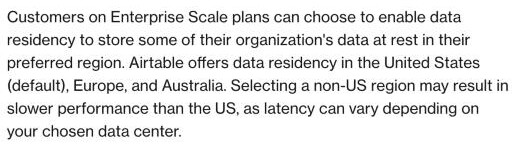 Airtable's own Data residency support page stating that Airtable offers data residency in the United States (default), Europe, and Australia — with no mainland-China region listed