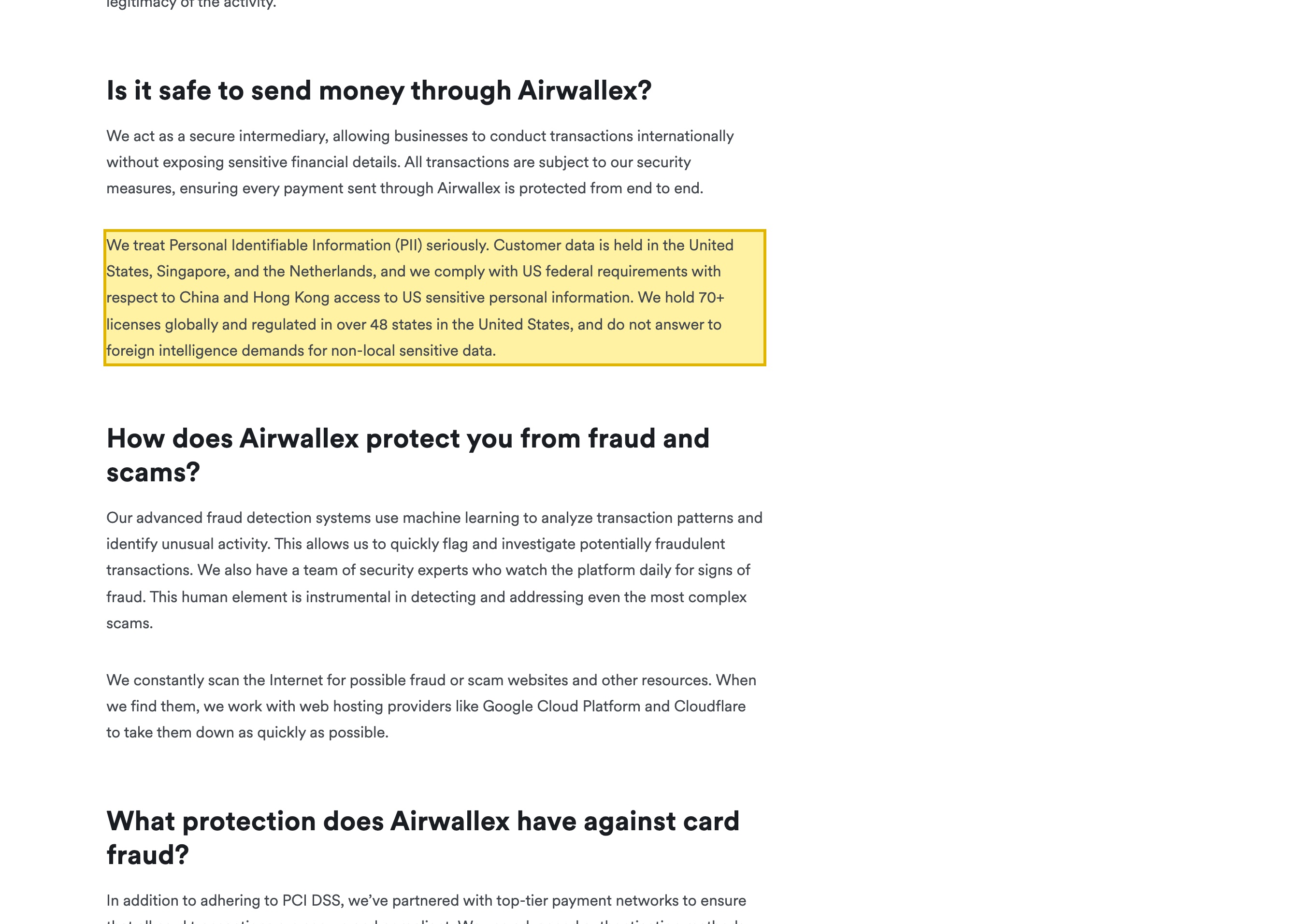 Airwallex's 'Is Airwallex safe?' page stating that customer data is held in the United States, Singapore, and the Netherlands — three offshore locations, with mainland China not among the named data storage locations