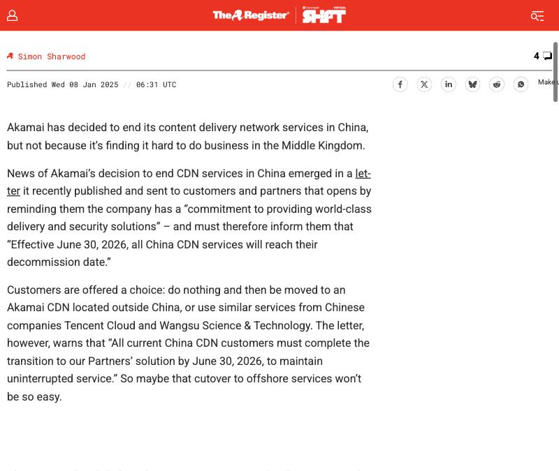Akamai customer letter stating that effective June 30, 2026 all China CDN services will reach their decommission date, with customers moved to an Akamai CDN located outside China or to partner services from Chinese companies Tencent Cloud and Wangsu