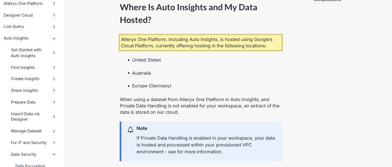 Alteryx's own Analytics Cloud help page stating the Alteryx One Platform, including Auto Insights, is hosted using Google's Cloud Platform in the United States, Australia and Europe (Germany), with no mainland-China location