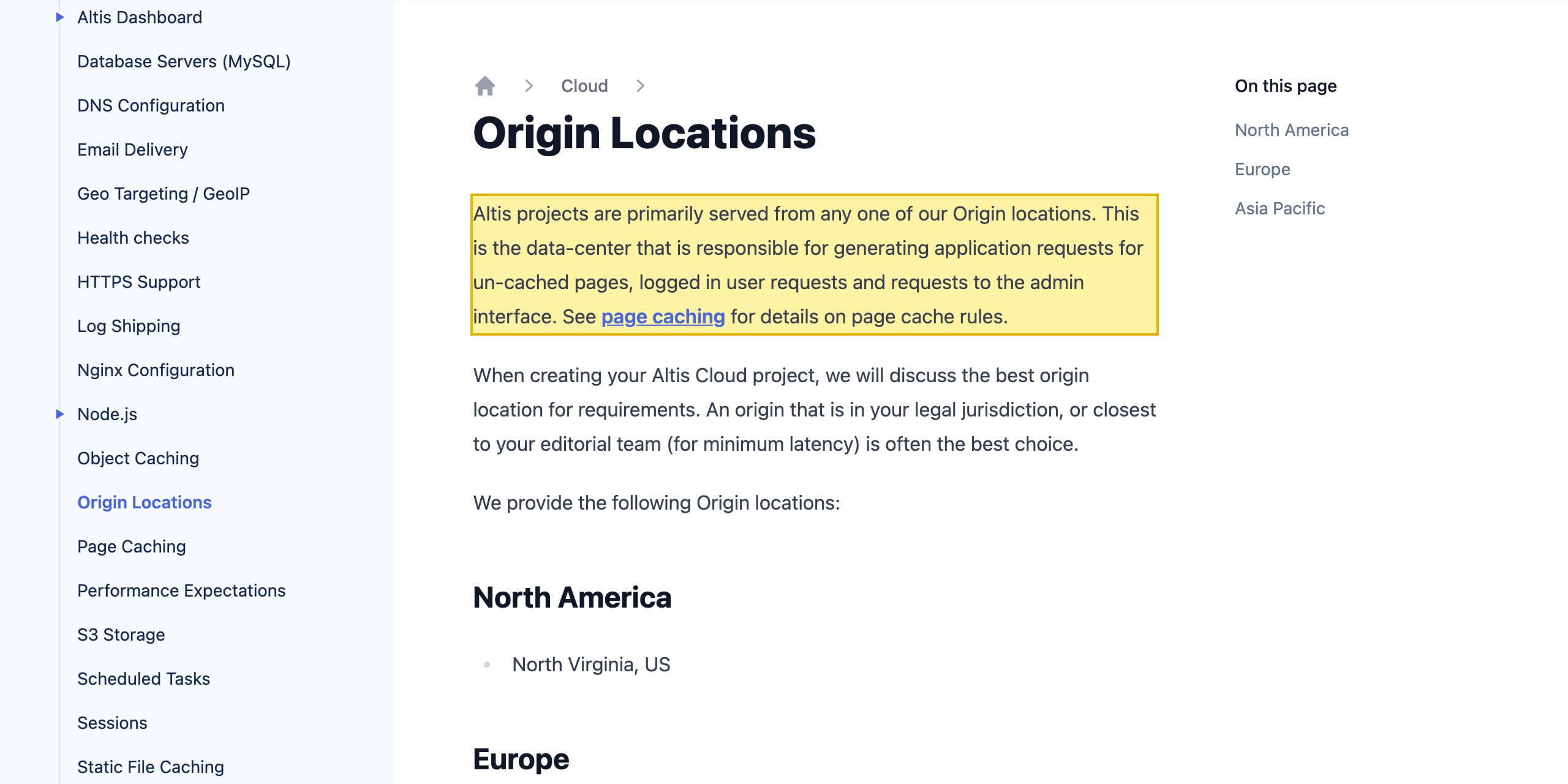Altis CloudのOrigin Locationsのドキュメント。北米（北バージニア）、ヨーロッパ（アイルランド、ロンドン、フランクフルト）、アジア太平洋（シンガポール、東京、シドニー）を挙げ、中国本土の拠点はない