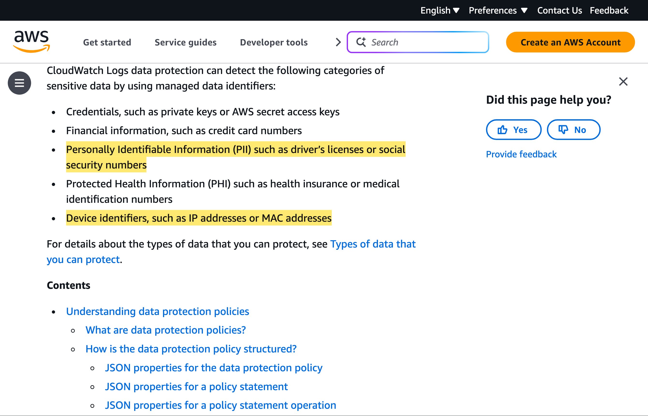 『Help protect sensitive log data with masking』と題されたAmazon CloudWatch Logsのドキュメントページ。サービスがログイベントの中で検出するセンシティブデータのカテゴリー——認証情報、金融情報、運転免許証や社会保障番号のような個人を特定できる情報、保護対象の健康情報、IPアドレスやMACアドレスのようなデバイス識別子——を列挙している