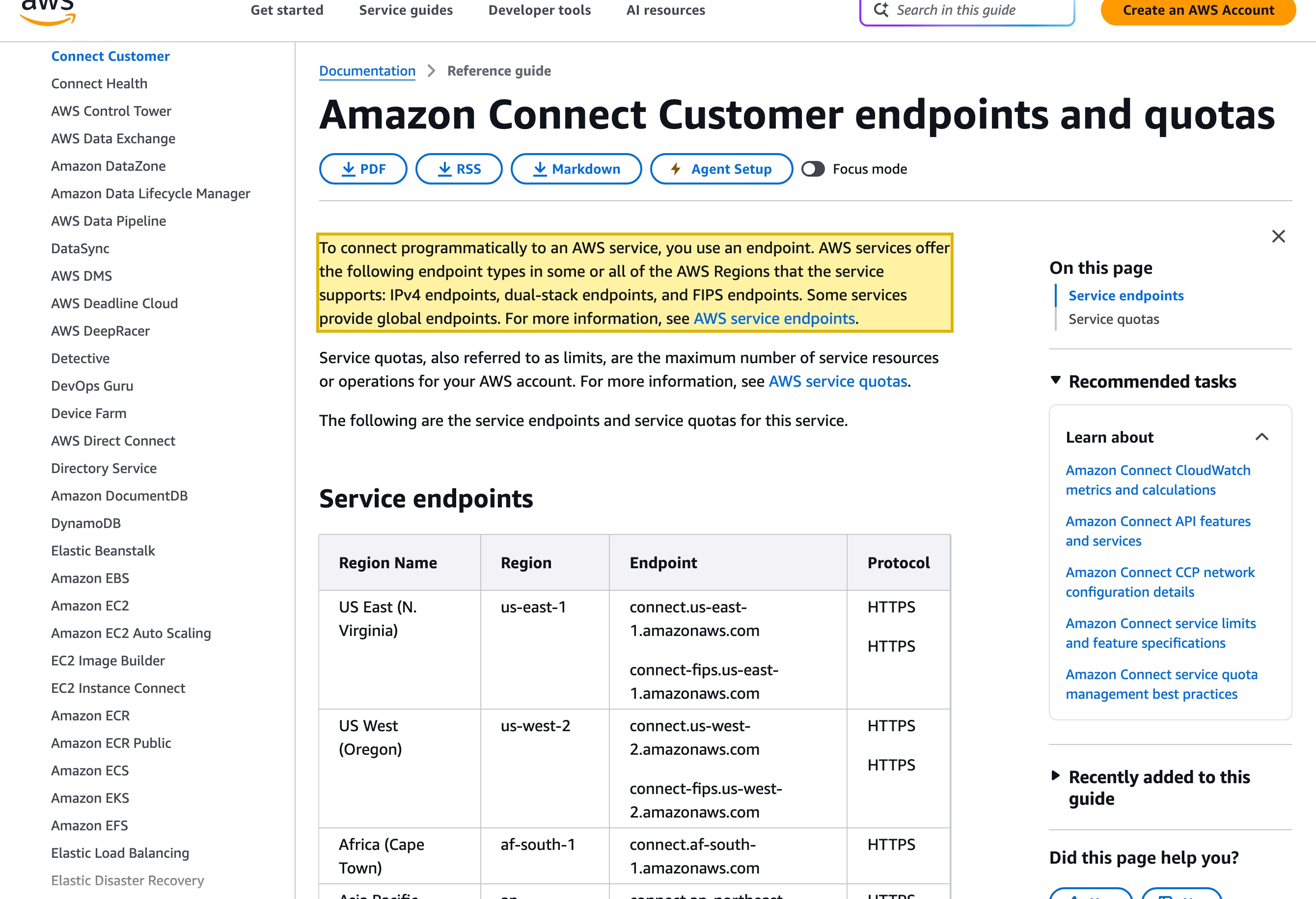 AWS documentation page 'Amazon Connect Customer endpoints and quotas' listing the service endpoints and AWS Regions where Amazon Connect is available — US East (N. Virginia), US West (Oregon), Canada (Central), Europe (Frankfurt), Europe (London), Asia Pacific (Tokyo), (Seoul), (Singapore), (Sydney), Africa (Cape Town), and AWS GovCloud (US-West) — with no mainland-China region