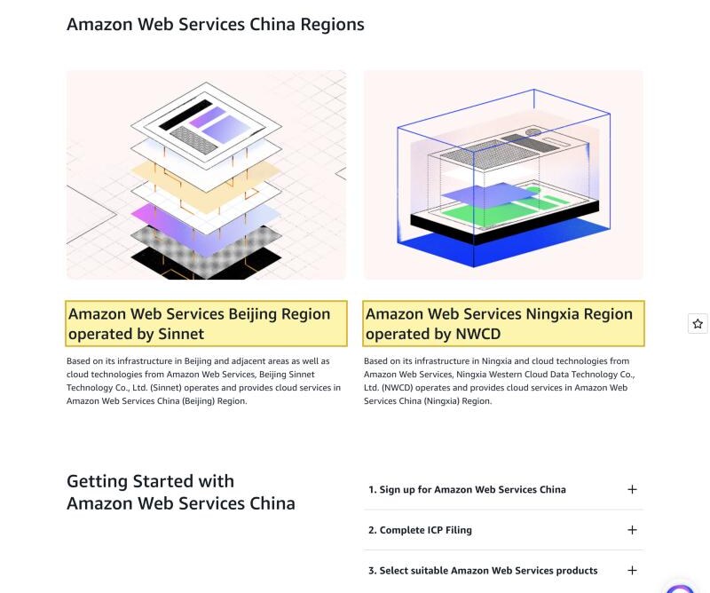 AWS's own China site stating that its China Regions' operations are separate from the global AWS Regions, with the Beijing Region operated by Sinnet and the Ningxia Region operated by NWCD, and that a distinct China account is required