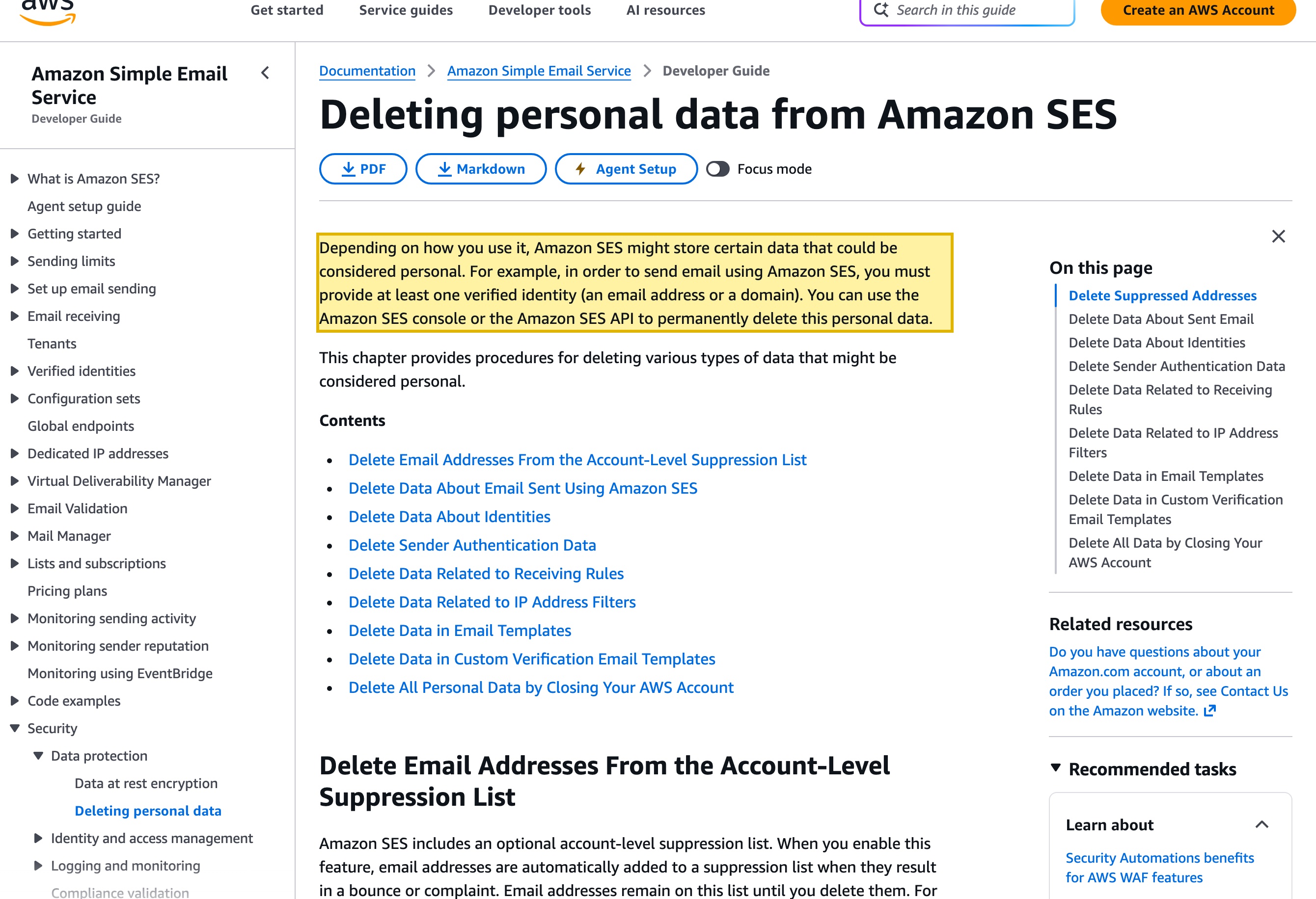 Amazon SES Developer Guide page 'Deleting personal data from Amazon SES' stating that Amazon SES might store certain data that could be considered personal, including an account-level suppression list of recipient email addresses and email-sending event data that contains the email addresses of all the recipients the email was sent to