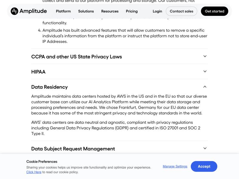 Amplitude's 'Trust, Security and Privacy' page, 'Data Residency' section, stating that Amplitude maintains data centers hosted by AWS in the US and in the EU, and that it chose Frankfurt, Germany for its EU data center — naming only two regions, with no mainland-China data center