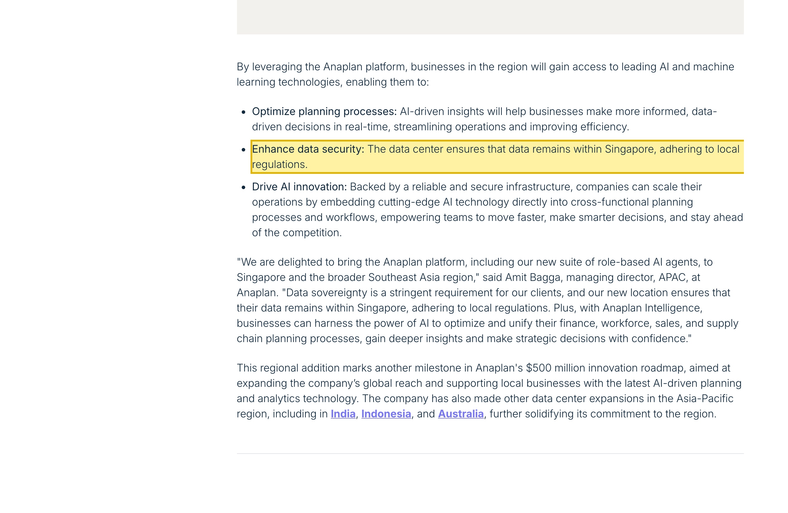 Anaplan newsroom announcement, 'Anaplan Launches AWS Data Center in Singapore,' stating the new Amazon Web Services data center ensures that data remains within Singapore under local regulations, alongside AWS data center expansions in India, Indonesia, and Australia — none in mainland China