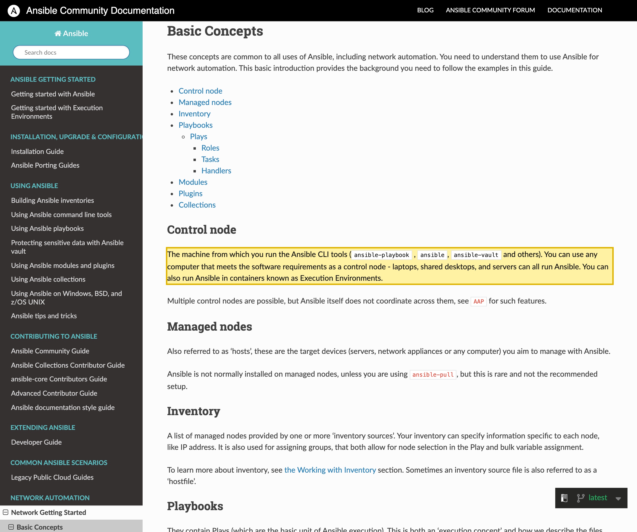 Ansible's official documentation defining the control node as the machine from which you run the Ansible CLI tools including ansible-vault, and inventory as a list of managed nodes — confirming the control node, inventory and Vault are yours to place