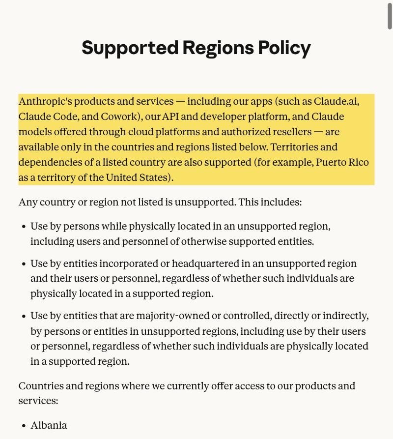 Anthropic's Supported Regions Policy page listing the countries and regions where Anthropic offers Claude.ai, Claude Code, and the API, with mainland China absent from the alphabetical list (it runs Chad, Chile, Colombia) while Taiwan is listed separately and Hong Kong is not listed