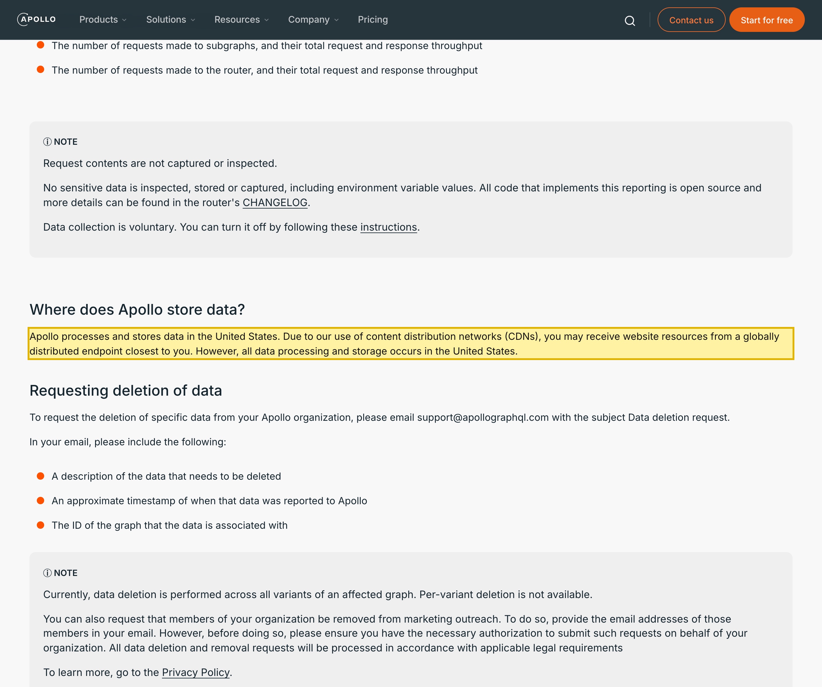 Apollo's own GraphOS Data Privacy and Compliance documentation on apollographql.com, stating that Apollo processes and stores data in the United States, and that GraphOS receives schema registration via schema reporting and, from the GraphOS Router, the normalized query operation string for every executed operation — the schema and per-operation telemetry held offshore with no mainland-China region.