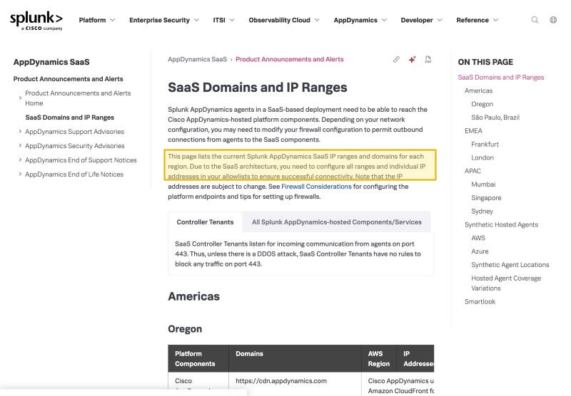AppDynamics's own SaaS Domains and IP Ranges documentation listing its SaaS controller regions across the Americas (Oregon, São Paulo), EMEA (Frankfurt, London) and APAC (Mumbai, Singapore, Sydney), with no mainland-China region