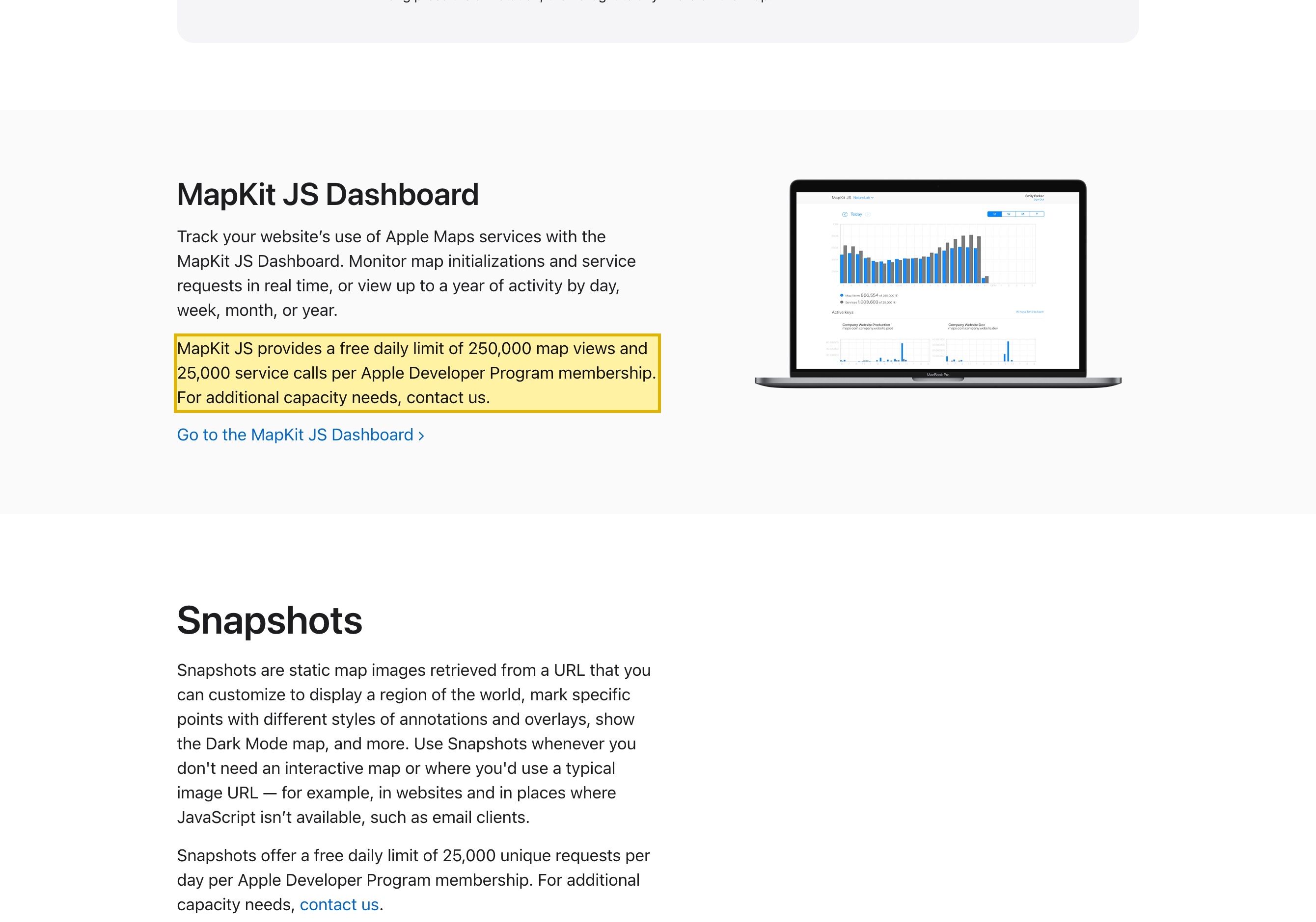Apple's MapKit JS developer page describing it as a hosted Apple Maps service, with a published daily free limit of map views and service calls metered per Apple Developer Program membership, indicating every map view and service call is a request answered by Apple's own servers.