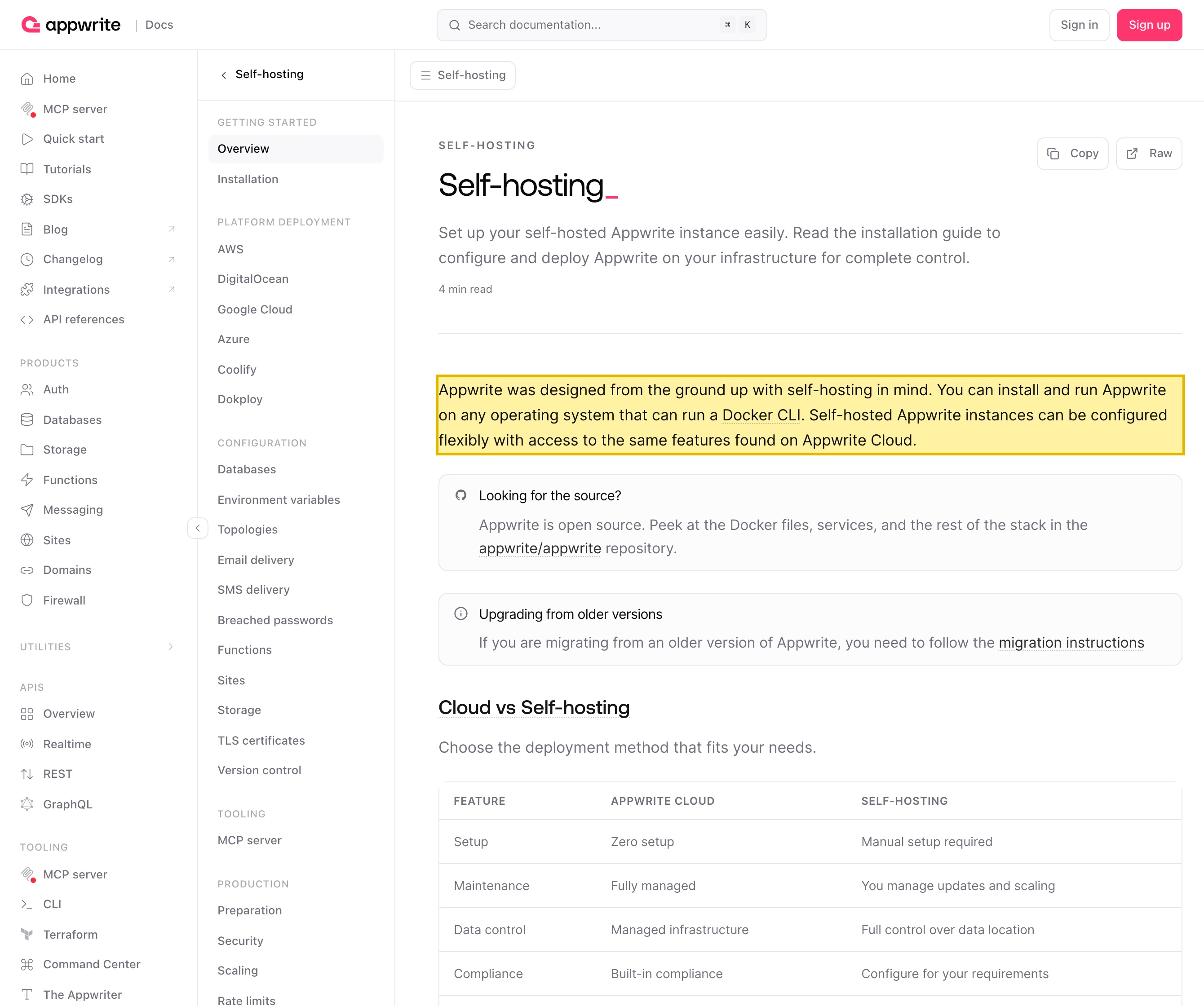 Appwrite's own Self-hosting documentation stating Appwrite was designed from the ground up with self-hosting in mind, is open source, and that the self-hosted path gives full control over data location — the in-country data-residency lever